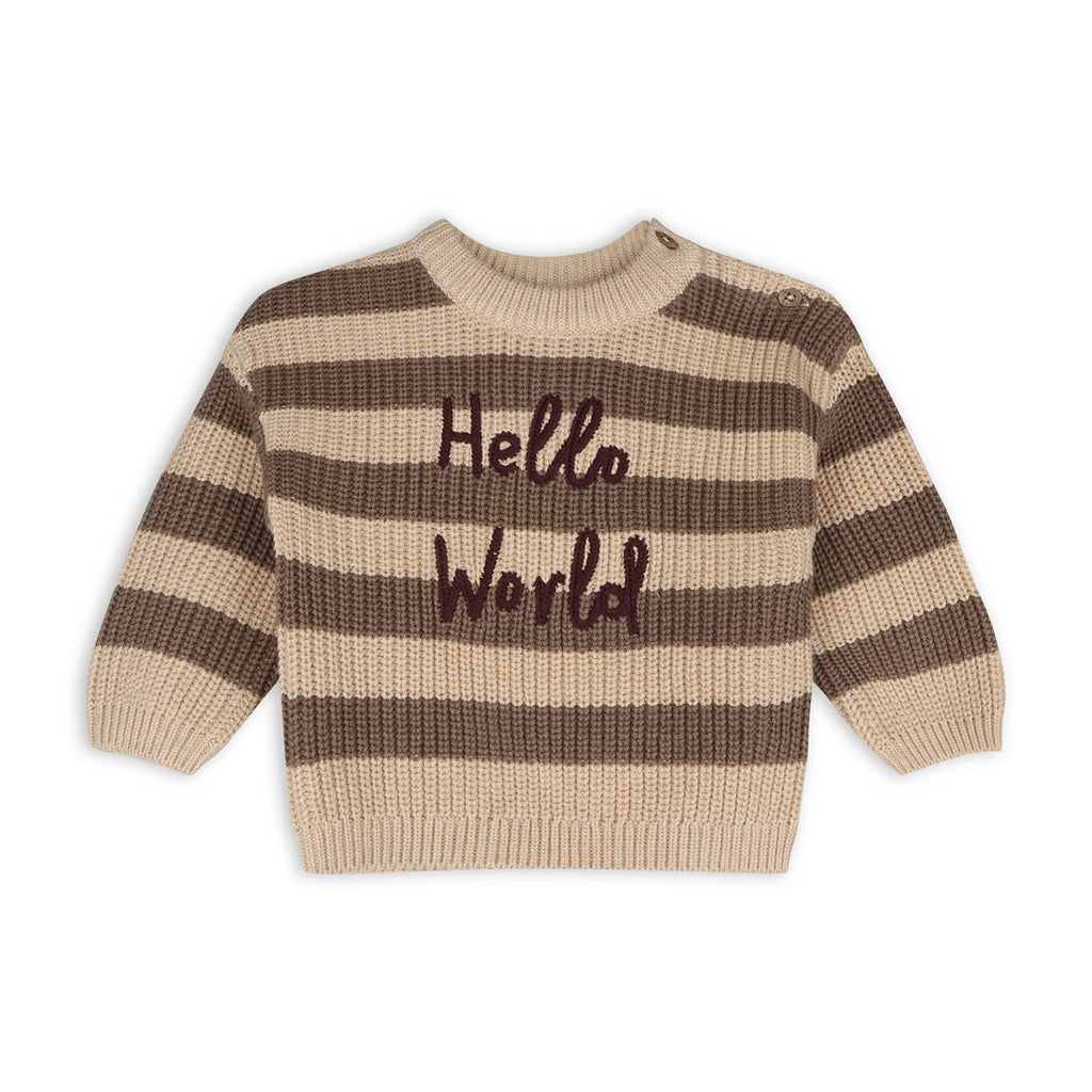 Viverano Organics - Hello World Embroidered & Stripe Sweater Knit Baby Pullover || Cocoa Heather