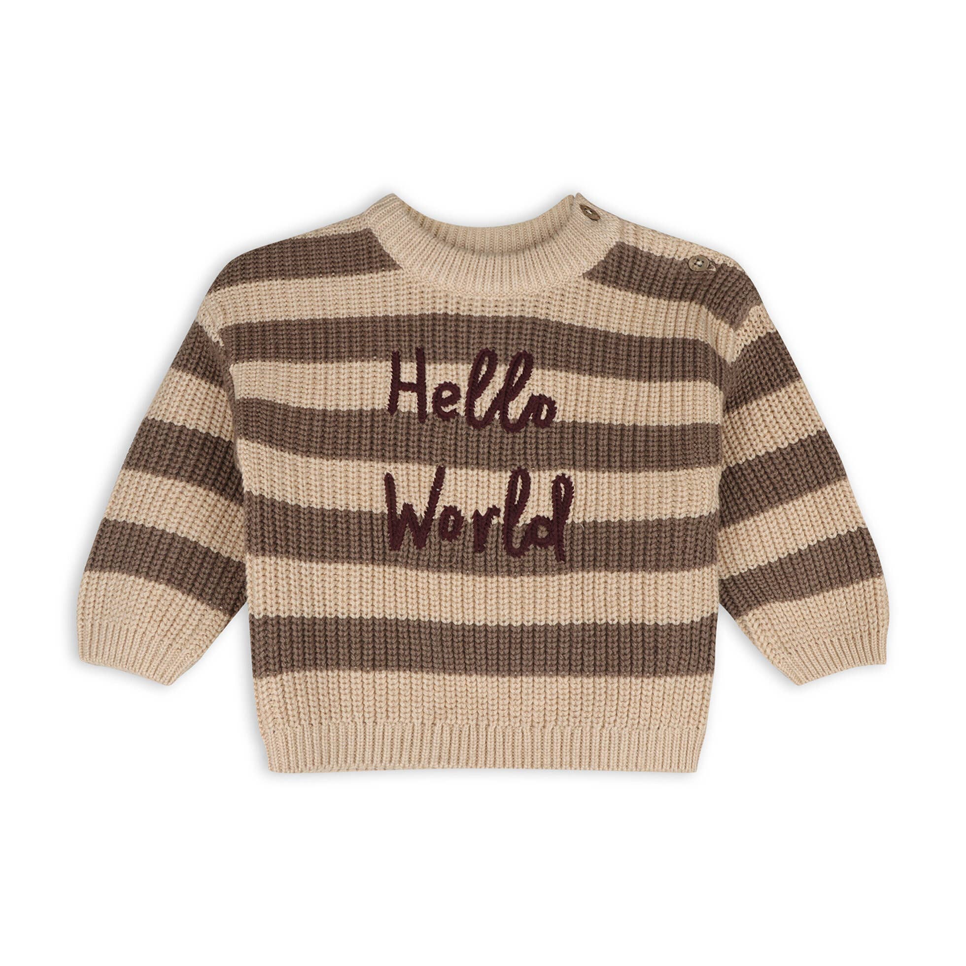 Viverano Organics - Hello World Embroidered & Stripe Sweater Knit Baby Pullover || Cocoa Heather