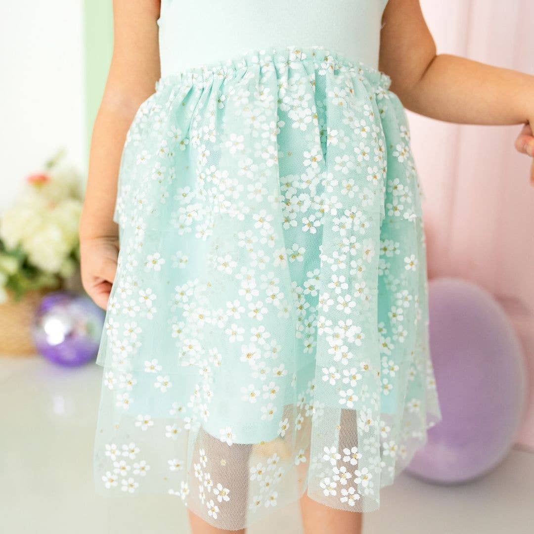 Sweet Wink - Aqua Ditsy Daisy Easter Tiered Short Sleeve Tutu Dress