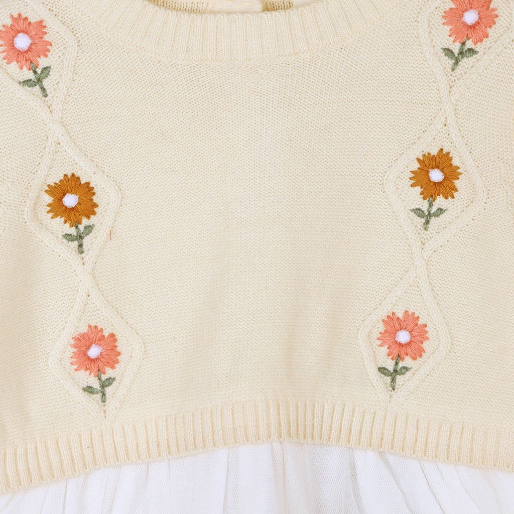 Viverano Organics - Floral Embroidered Sweater Knit Tutu Baby Dress || Natural