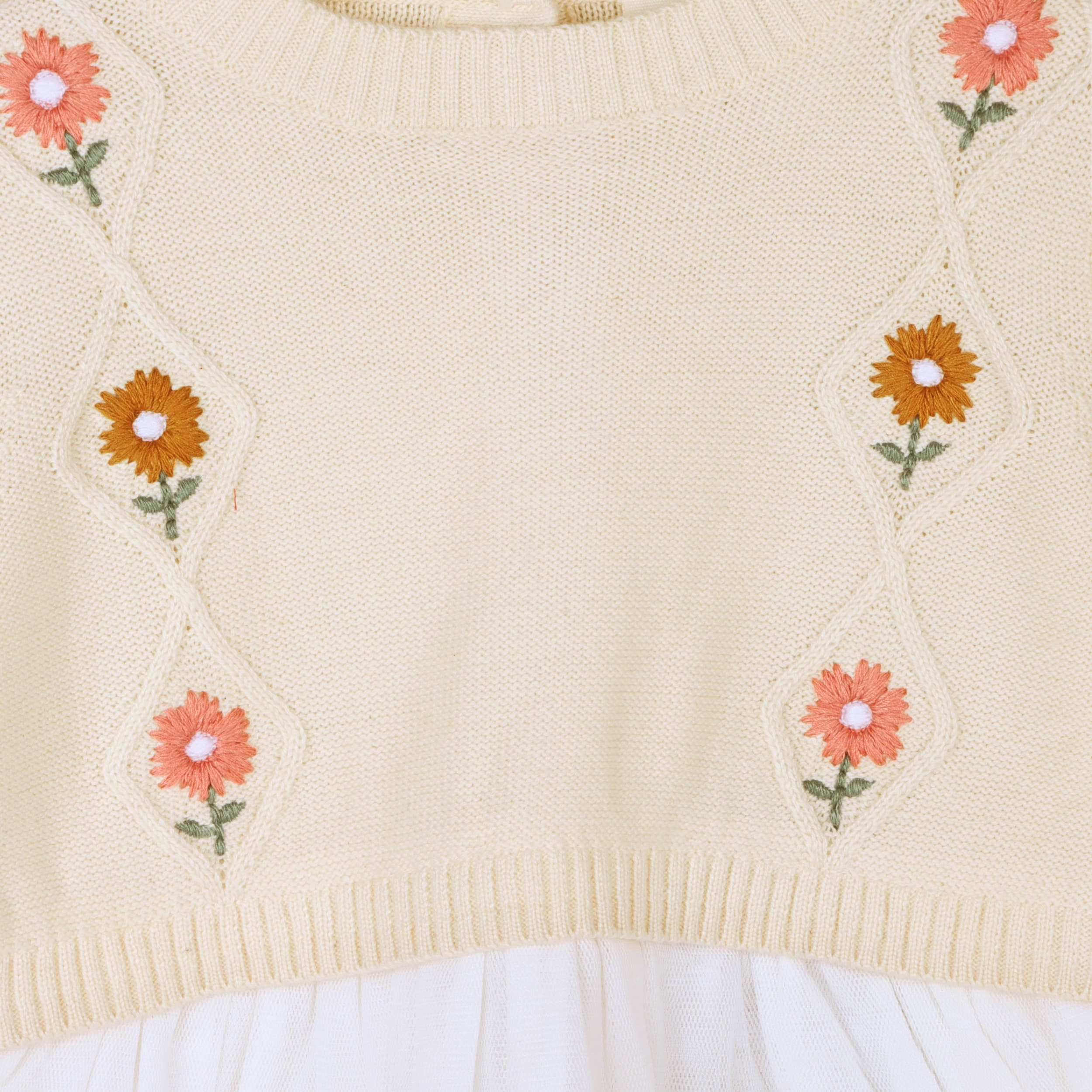 Viverano Organics - Floral Embroidered Sweater Knit Tutu Baby Dress || Natural