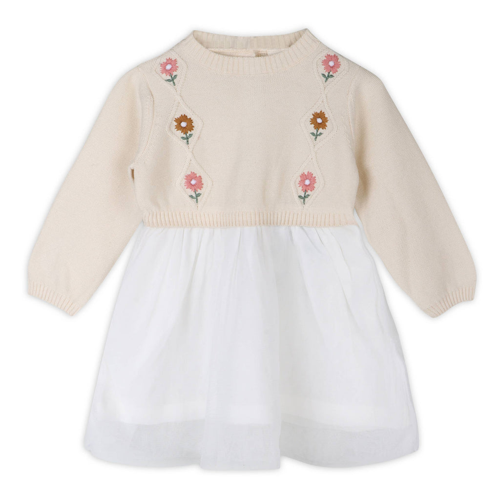 Viverano Organics - Floral Embroidered Sweater Knit Tutu Baby Dress || Natural