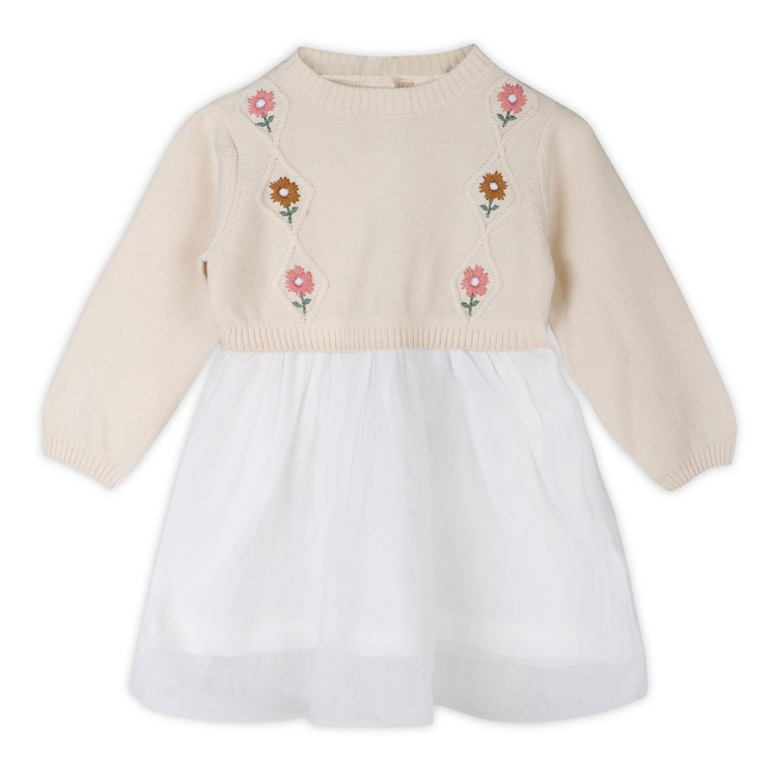 Viverano Organics - Floral Embroidered Sweater Knit Tutu Baby Dress || Natural