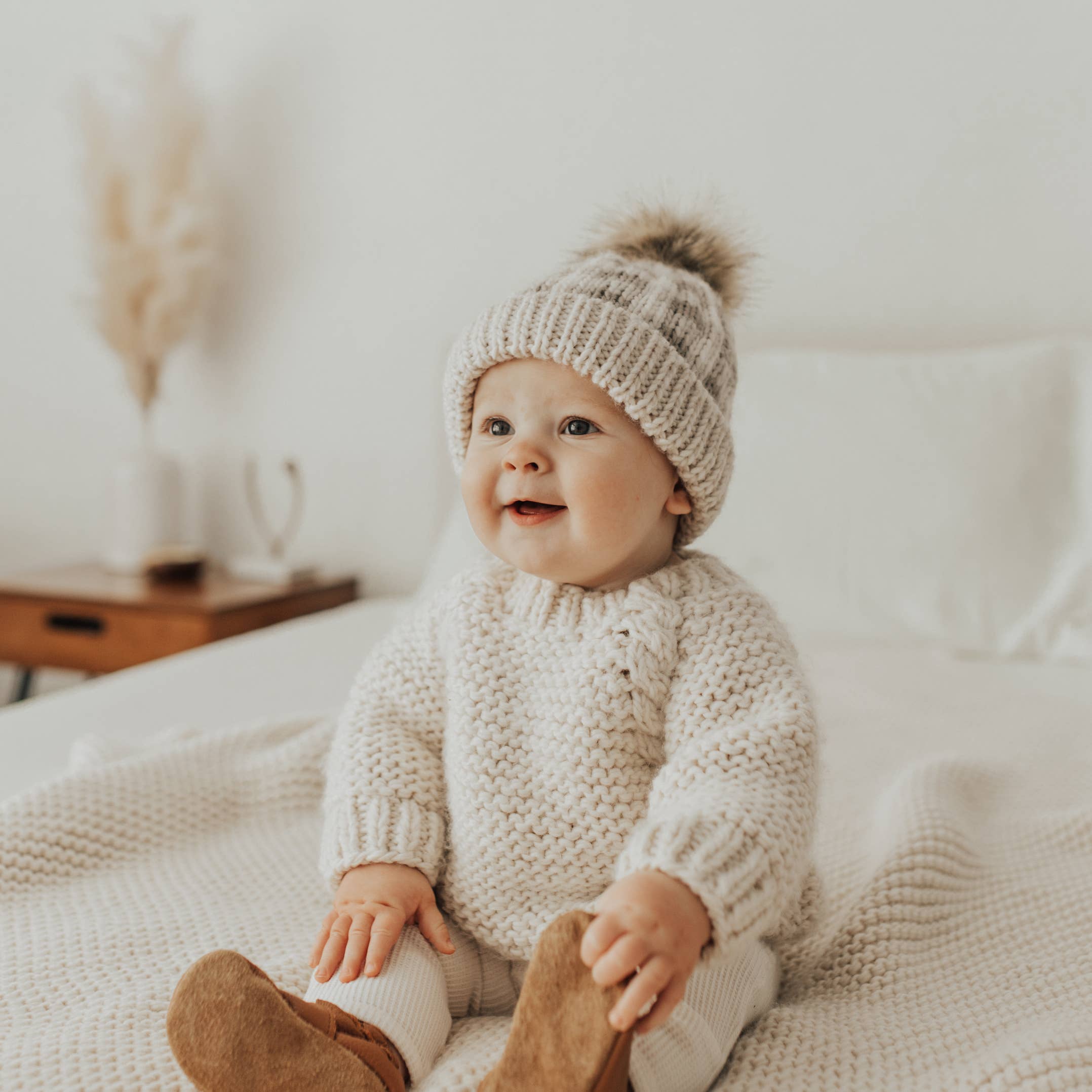 Huggalugs - Pebble Brown Buffalo Check Pom Pom Beanie Hat Baby & Kids