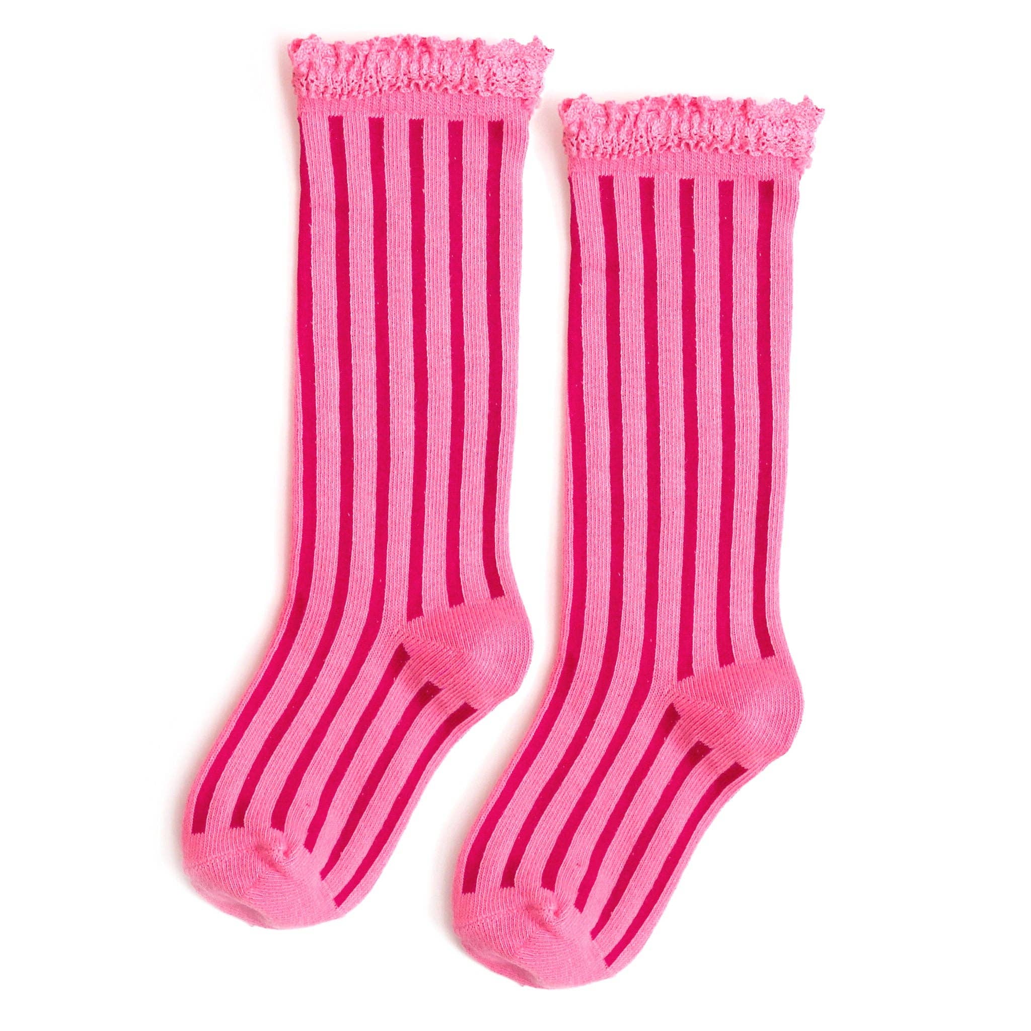 Little Stocking Co. - Vertical Striped Lace Top Knee High Socks || Taffy Pink