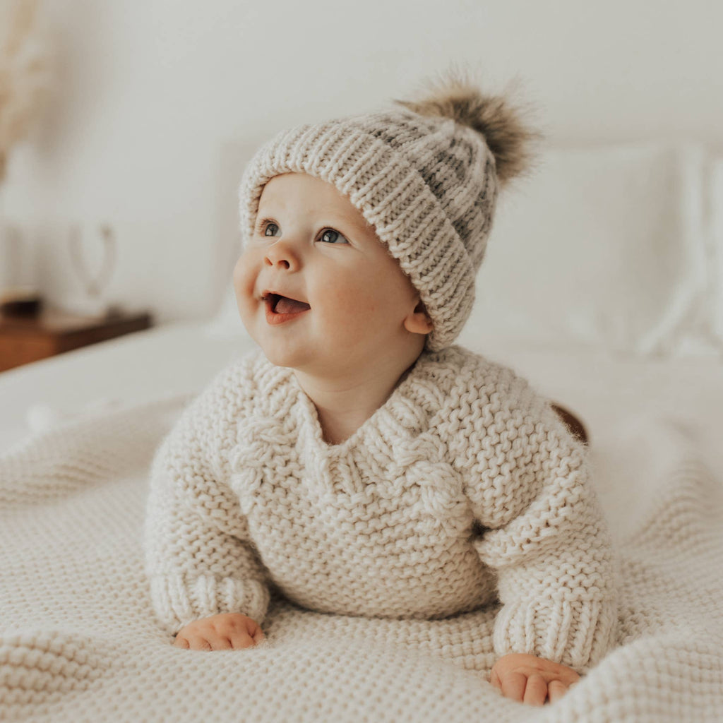 Huggalugs - Pebble Brown Buffalo Check Pom Pom Beanie Hat Baby & Kids