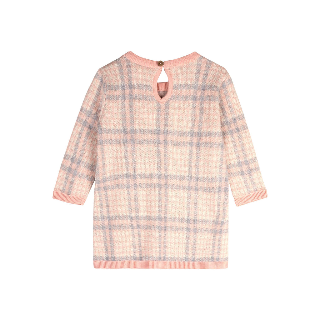Viverano Organics - Sophie Bow Checkered Sweater Knit Baby Dress Organic Cotton || Rosewood Pink