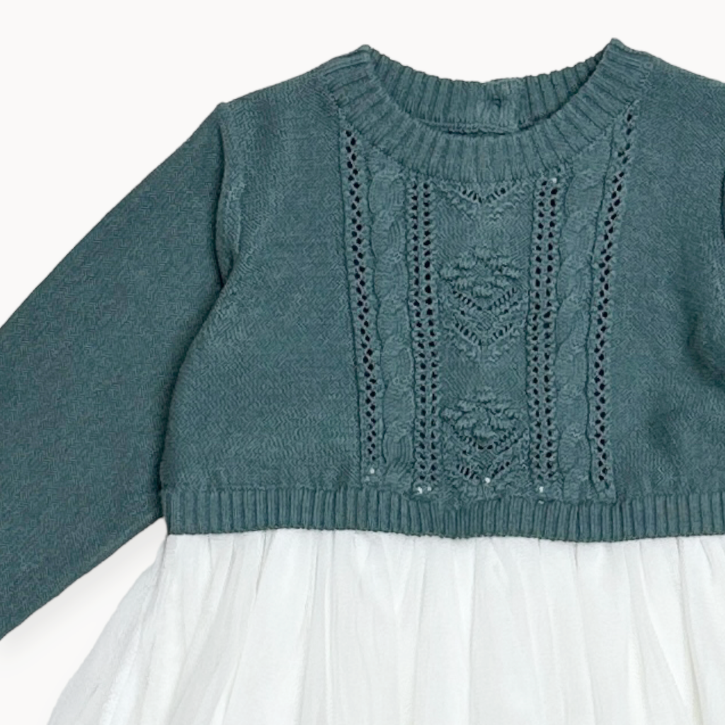 Viverano Organics - Cable Floral Sweater Knit Top & Tutu Baby Dress || Teal Blue