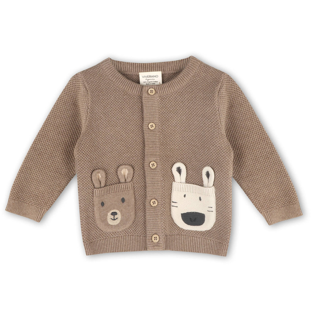 Viverano Organics - Animal Pocket Button Cardigan Baby Sweater || Cocoa Heather
