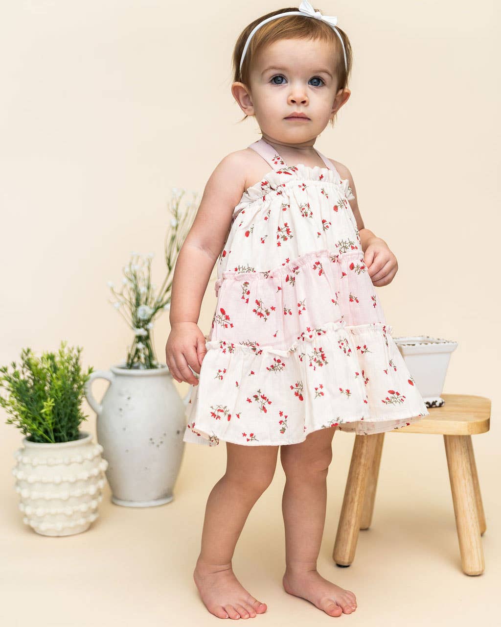 Viverano Organics - Bijou Tiered Floral Baby Dress + Bloomer || Tea Rose
