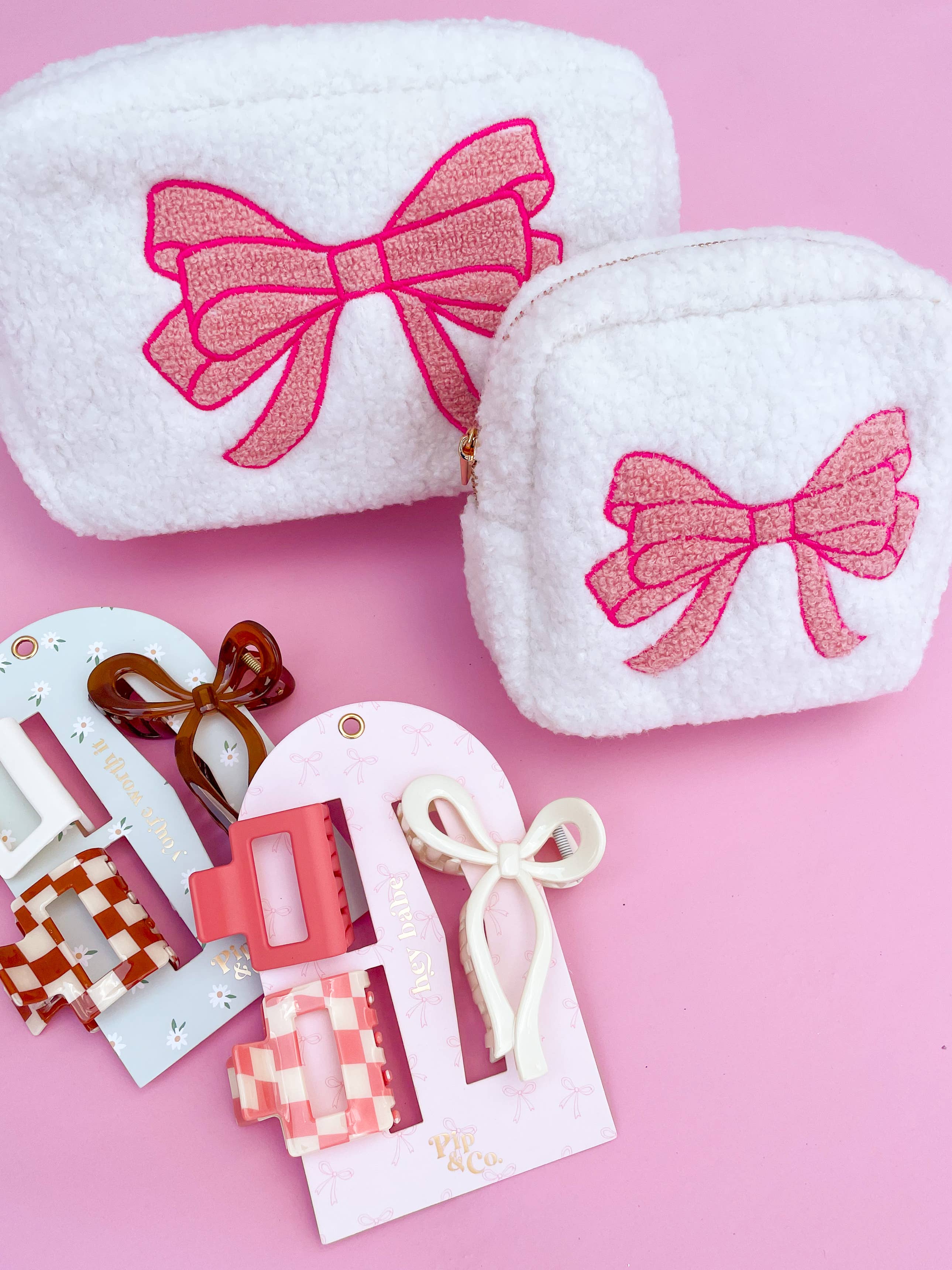 Rock Paper Scissors - Pink Bow Teddy Cosmetic Zipper Bag || Small