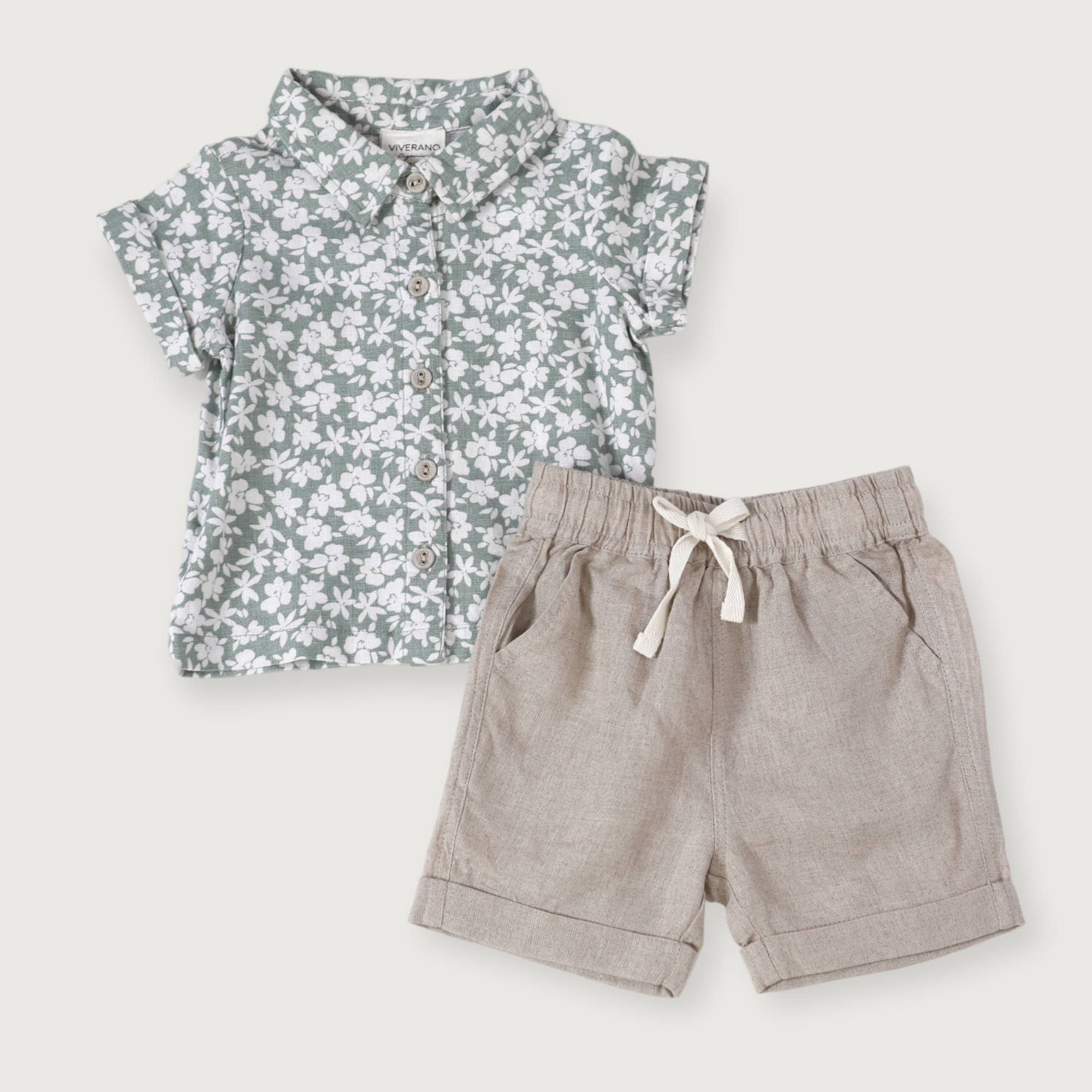 Viverano Organics - Gabriel Baby Floral Linen Shirt & Shorts SET (Natural Linen)