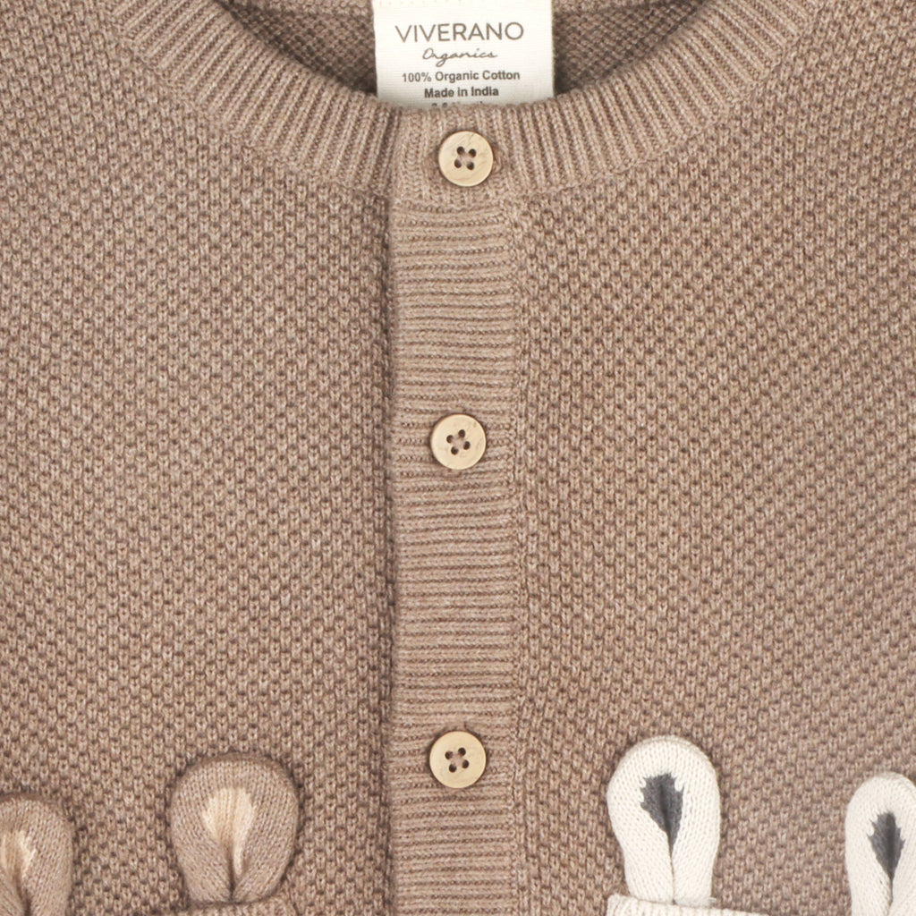 Viverano Organics - Animal Pocket Button Cardigan Baby Sweater || Cocoa Heather