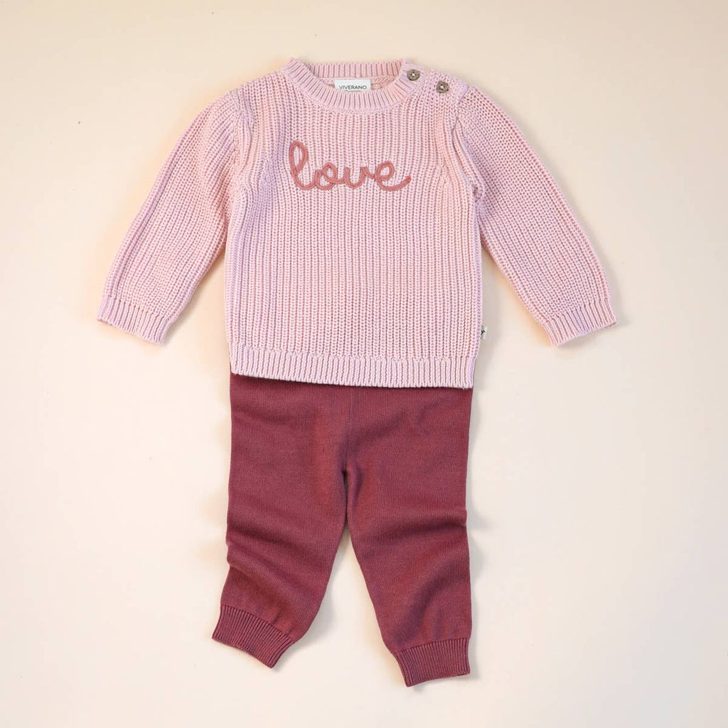 Viverano Organics - Love Embroidered Chunky Knit Baby Sweater || Blush Pink