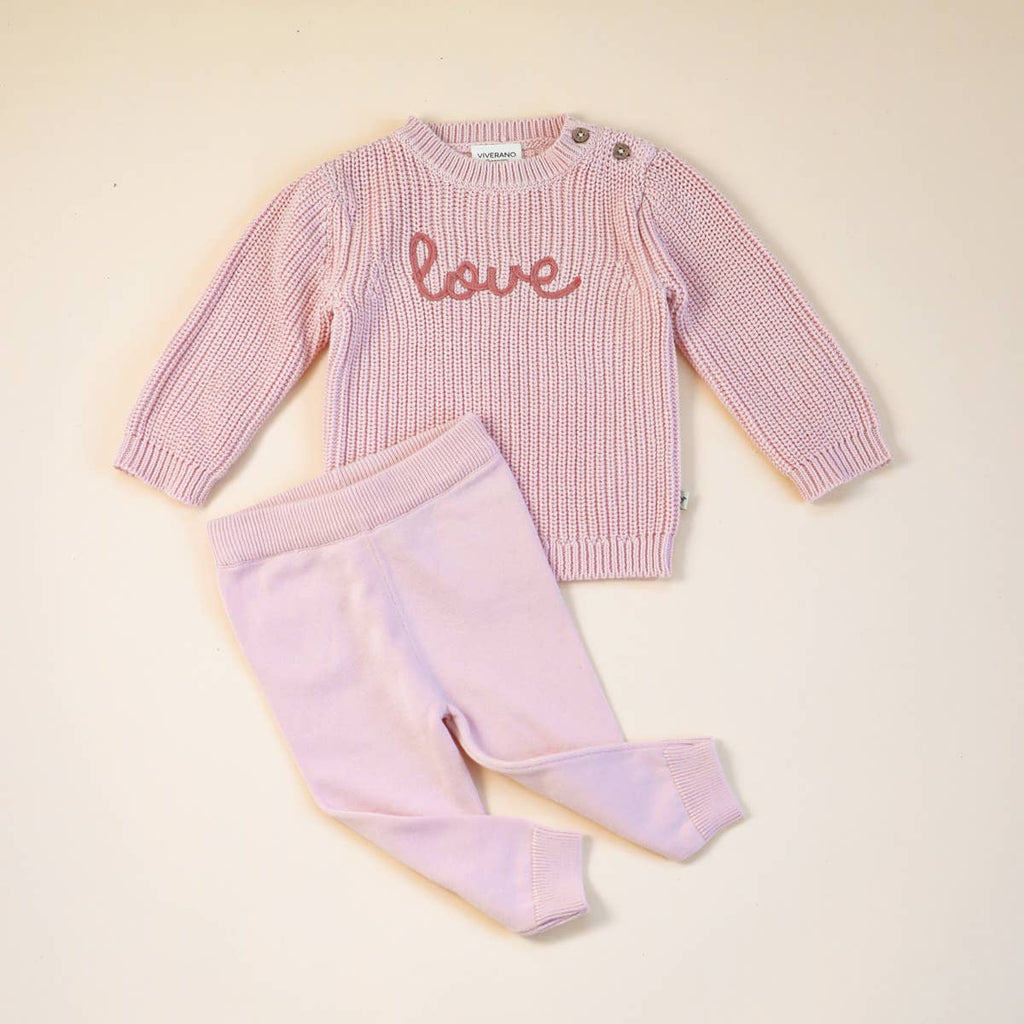 Viverano Organics - Love Embroidered Chunky Knit Baby Sweater || Blush Pink