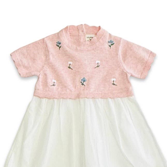 Viverano Organics - Floral Embroidered Short Sleeve Tutu Baby Knit Dress || Pink Heather