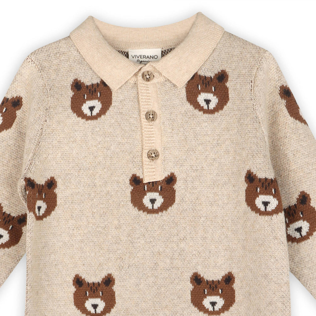 Viverano Organics - Brown Bear Jacquard Sweater Knit Baby Jumpsuit || Oatmeal Heather