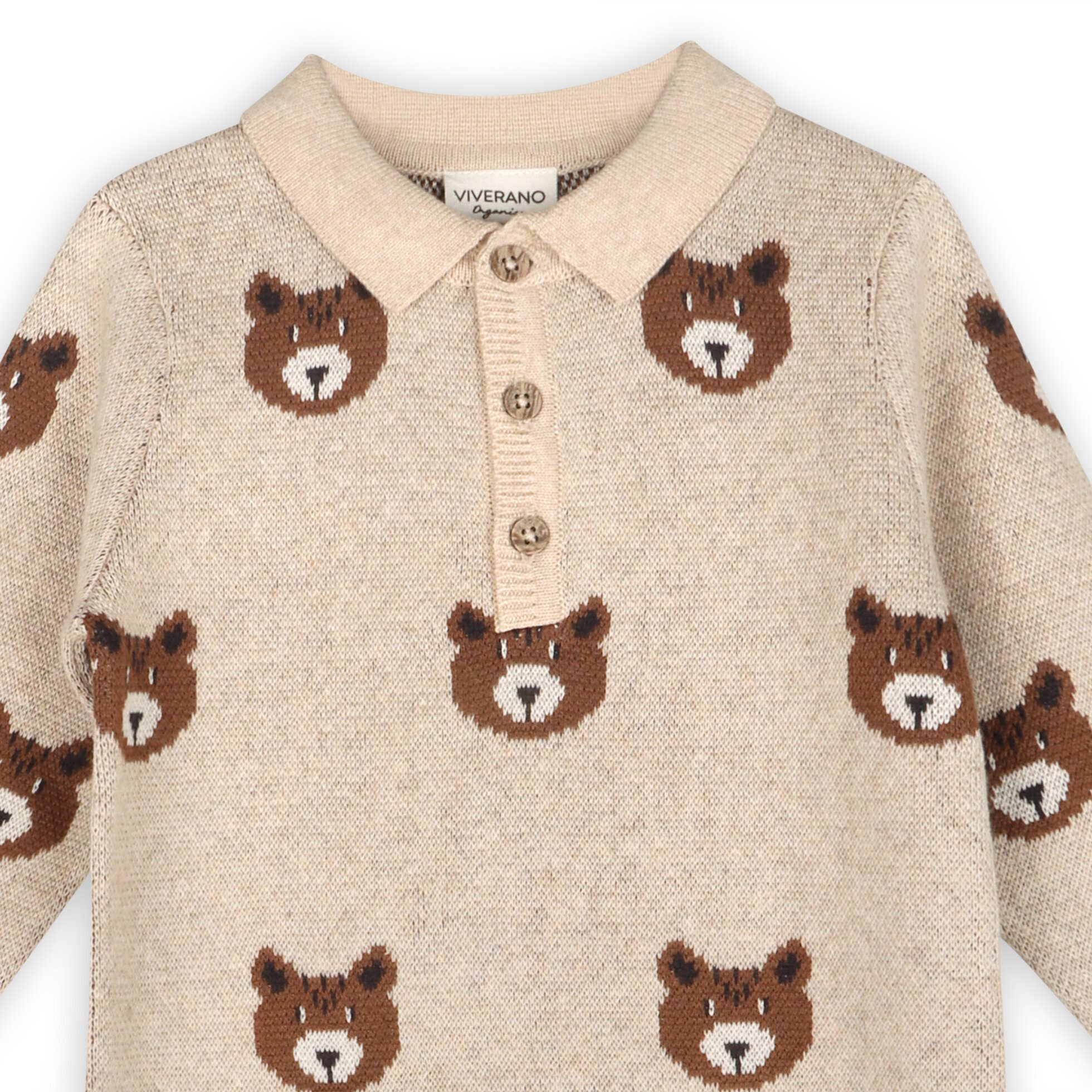 Viverano Organics - Brown Bear Jacquard Sweater Knit Baby Jumpsuit || Oatmeal Heather