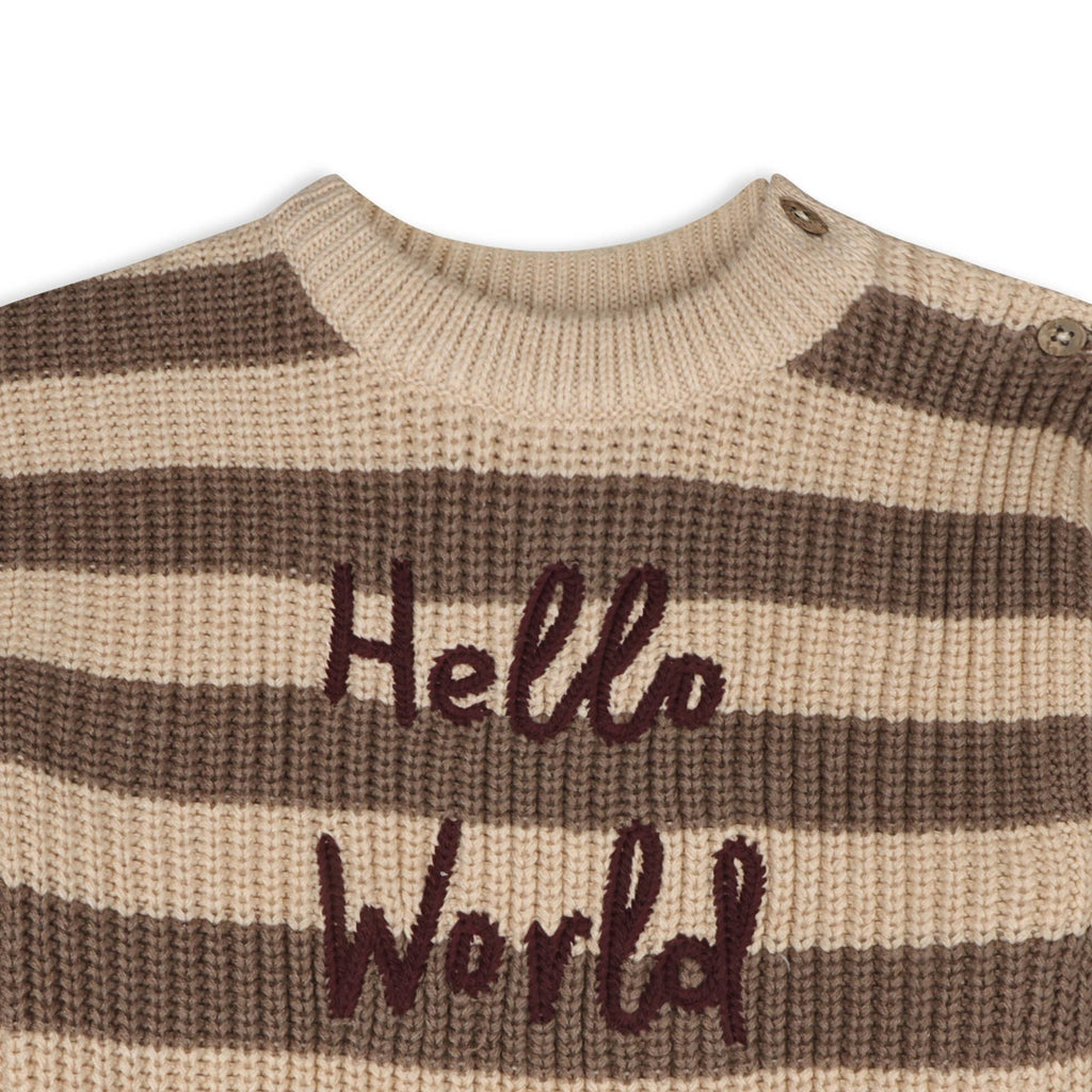 Viverano Organics - Hello World Embroidered & Stripe Sweater Knit Baby Pullover || Cocoa Heather