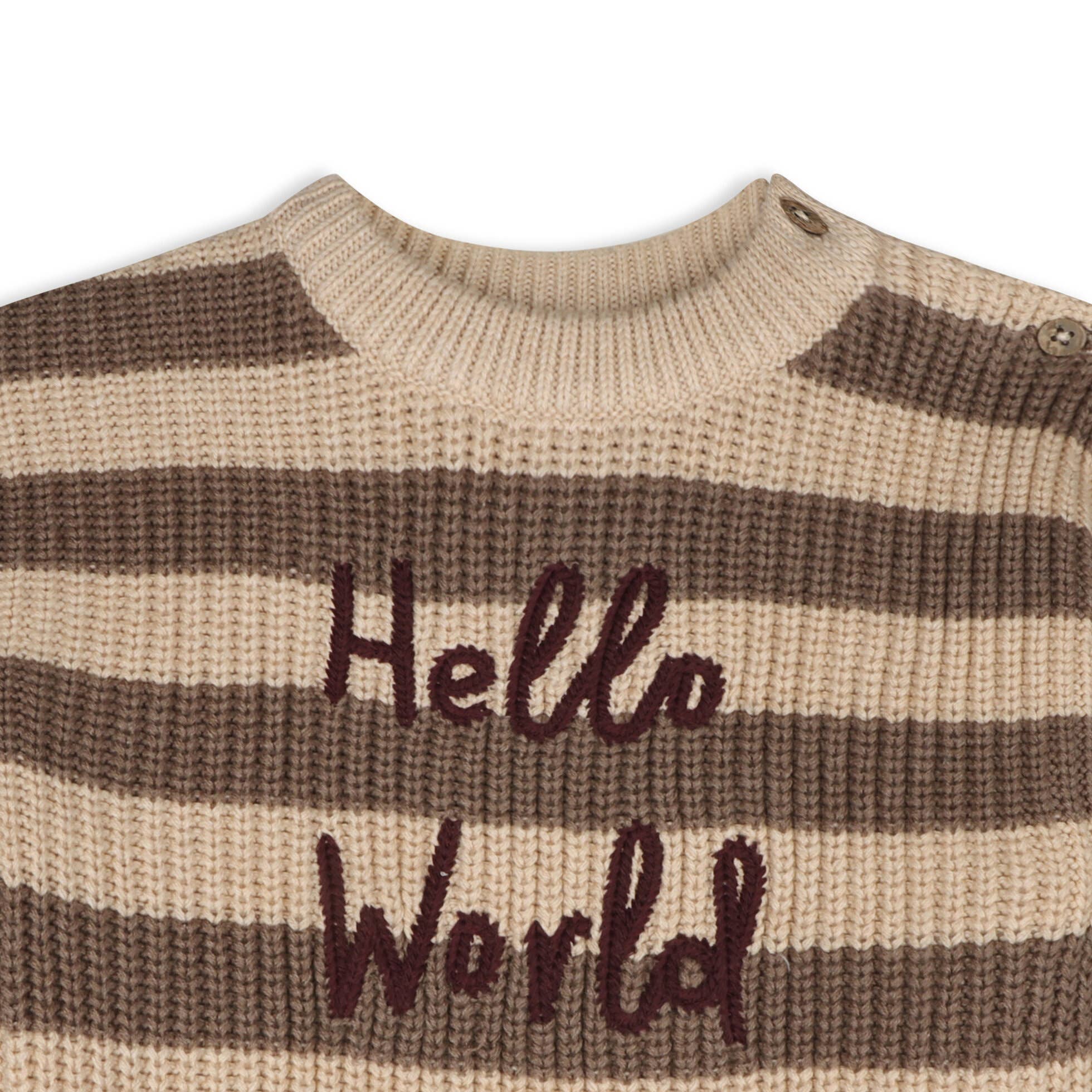 Viverano Organics - Hello World Embroidered & Stripe Sweater Knit Baby Pullover || Cocoa Heather