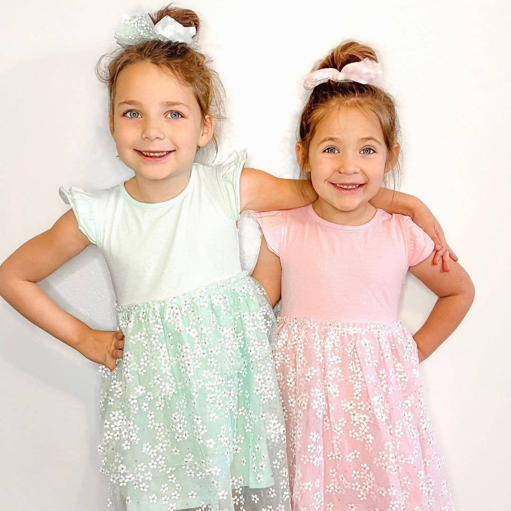 Sweet Wink - Aqua Ditsy Daisy Easter Tiered Short Sleeve Tutu Dress