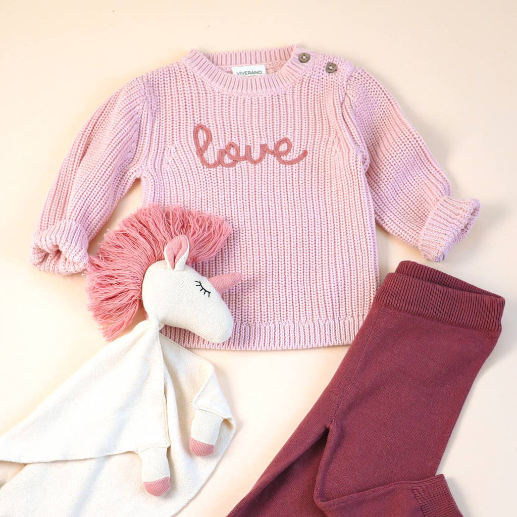 Viverano Organics - Love Embroidered Chunky Knit Baby Sweater || Blush Pink