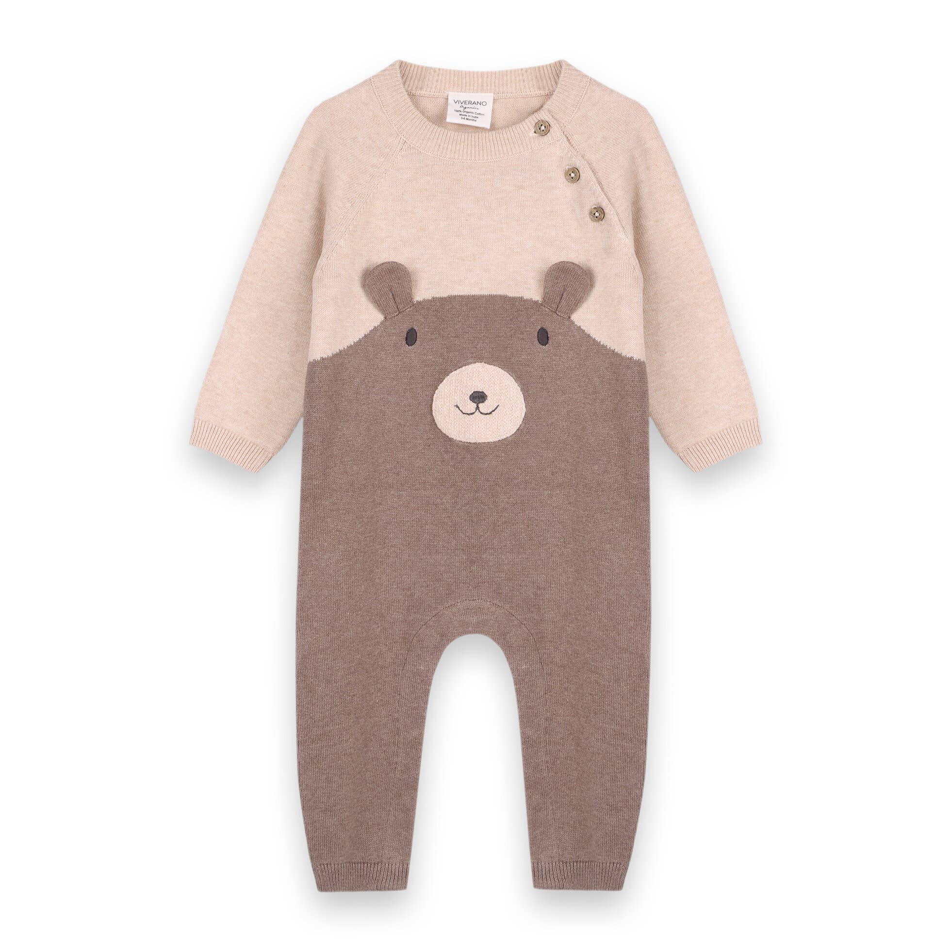 Viverano Organics - Cuddly Bear Embroidered Sweater Knit Baby Jumpsuit || Oatmeal Heather