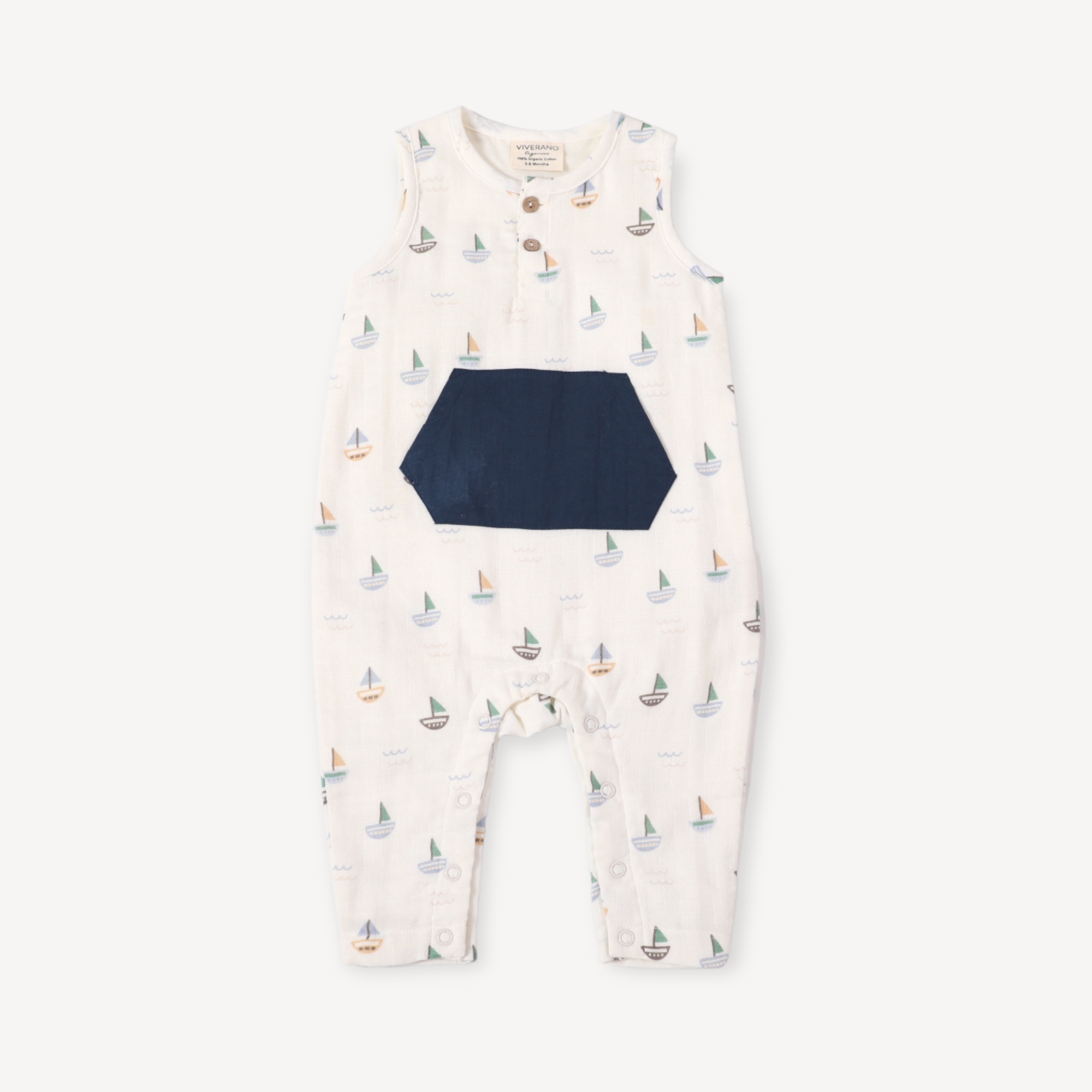 Viverano Organics - Sailboat Kangaroo Pocket Baby Jumpsuit Organic Muslin
