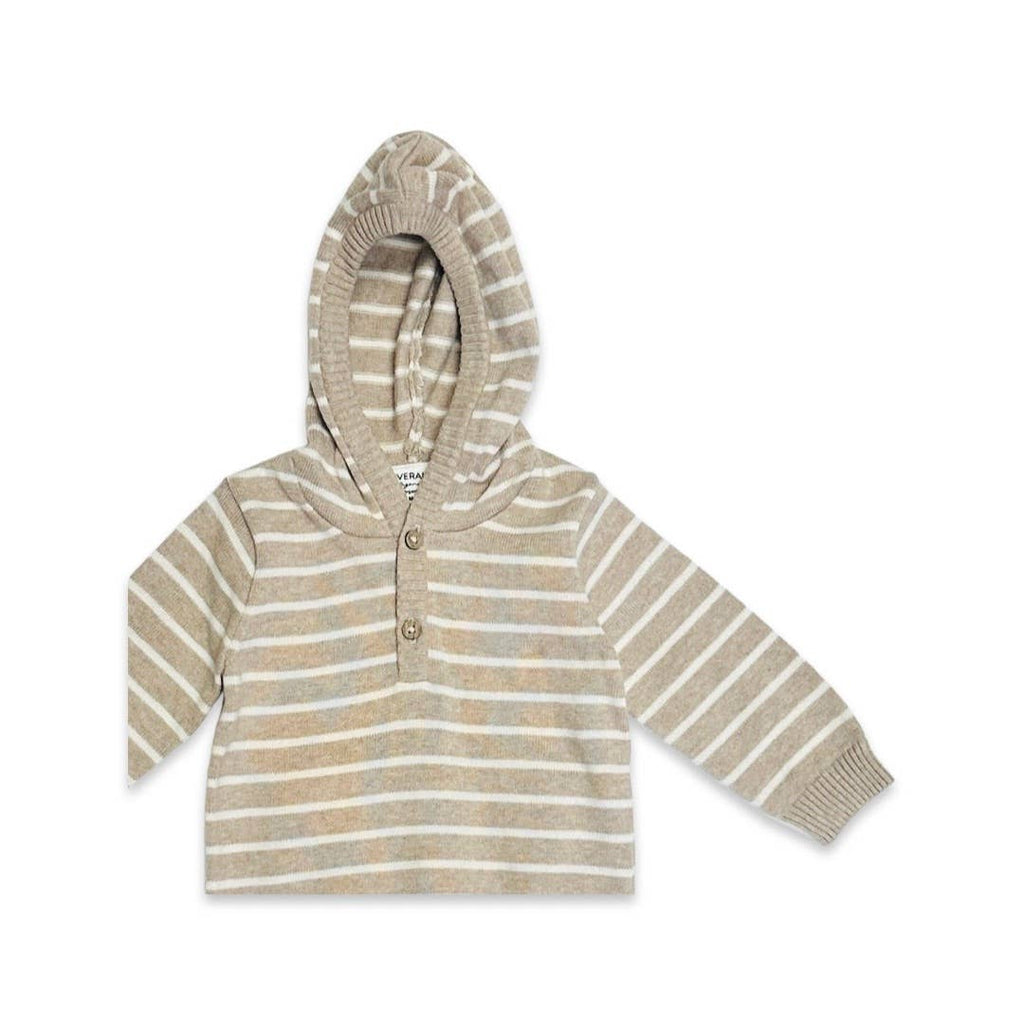 Viverano Organics - Oat Heather - Stripe Hooded Baby Knit Pullover (Organic): Oat Heather, 12-18M