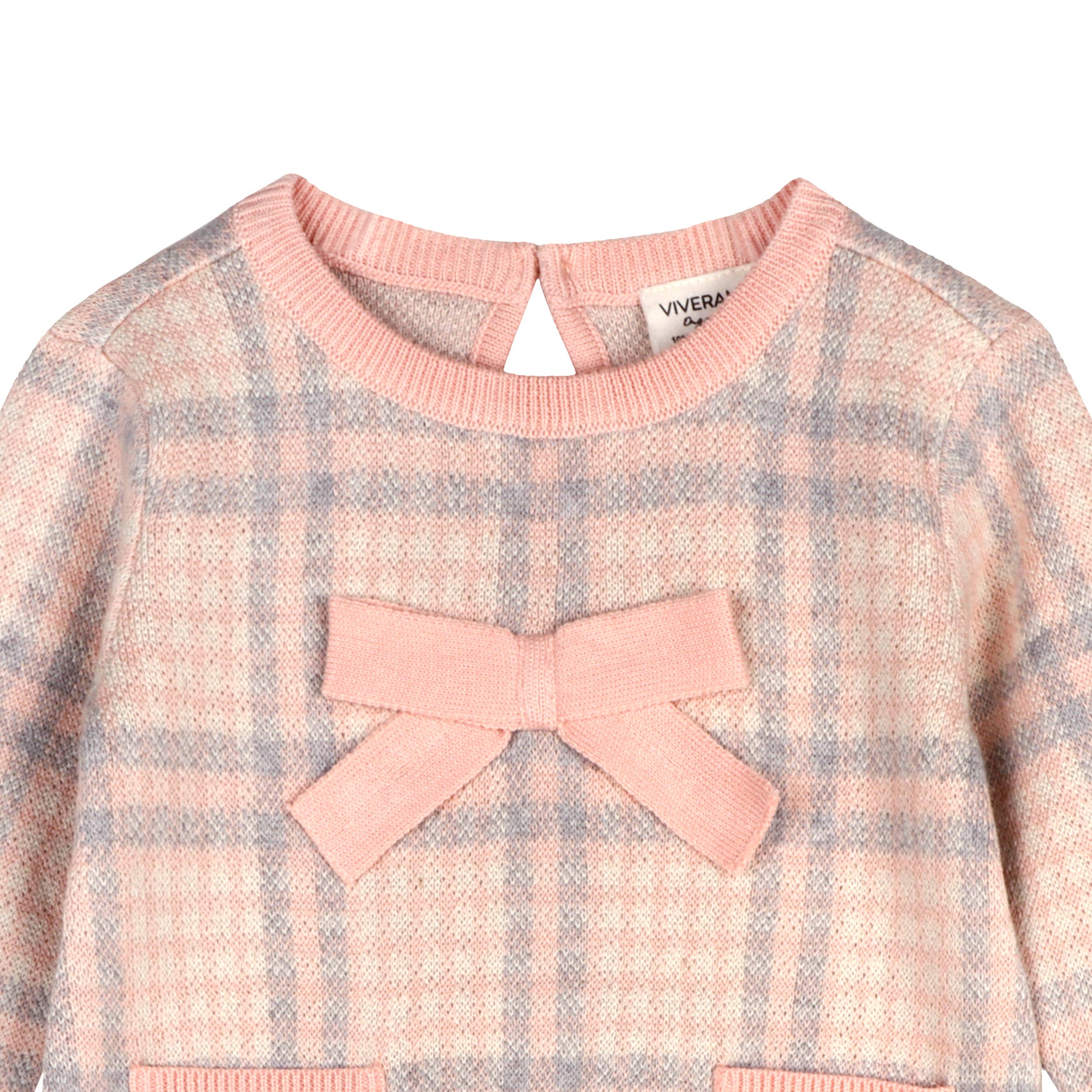 Viverano Organics - Sophie Bow Checkered Sweater Knit Baby Dress Organic Cotton || Rosewood Pink