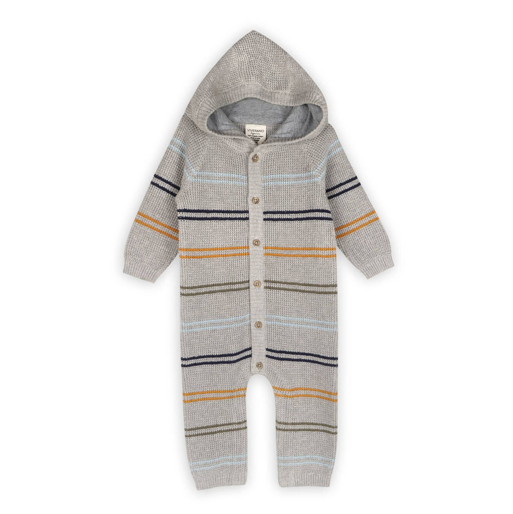 Viverano Organics - Classic Stripe Sweater Knit Baby Hooded Jumpsuit || Cocoa Heather