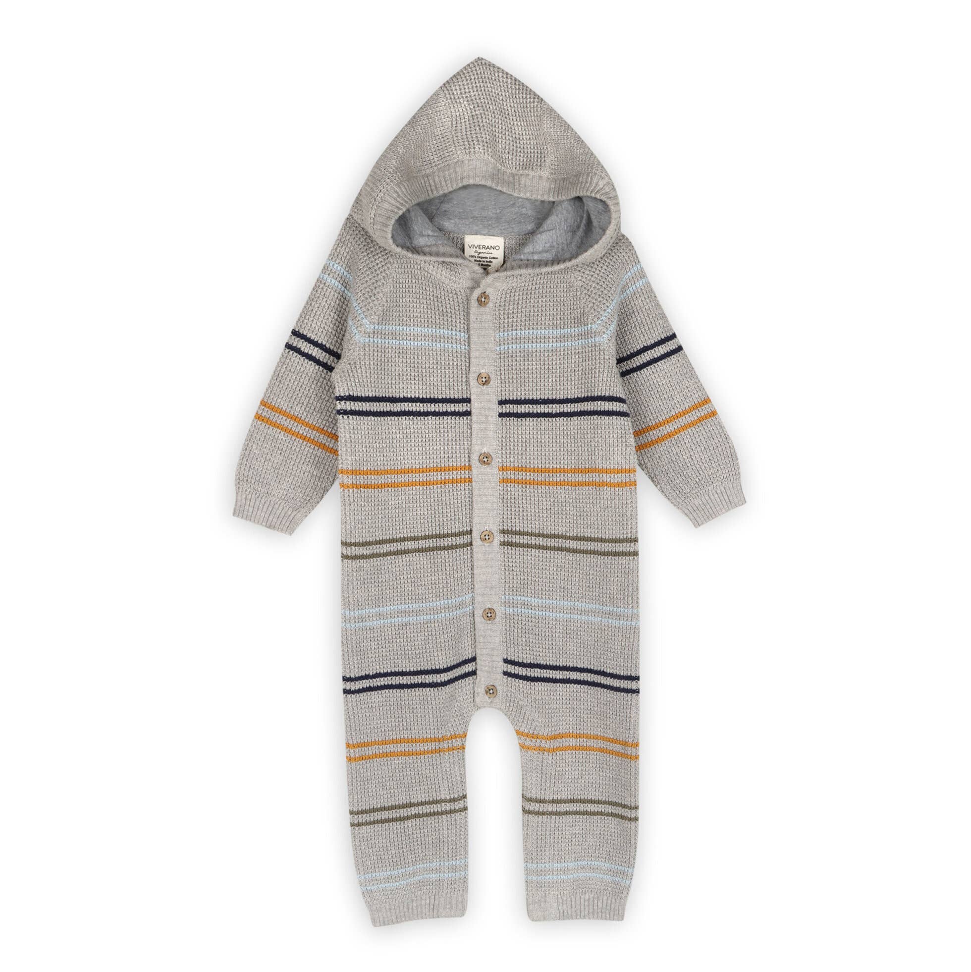 Viverano Organics - Classic Stripe Sweater Knit Baby Hooded Jumpsuit || Cocoa Heather