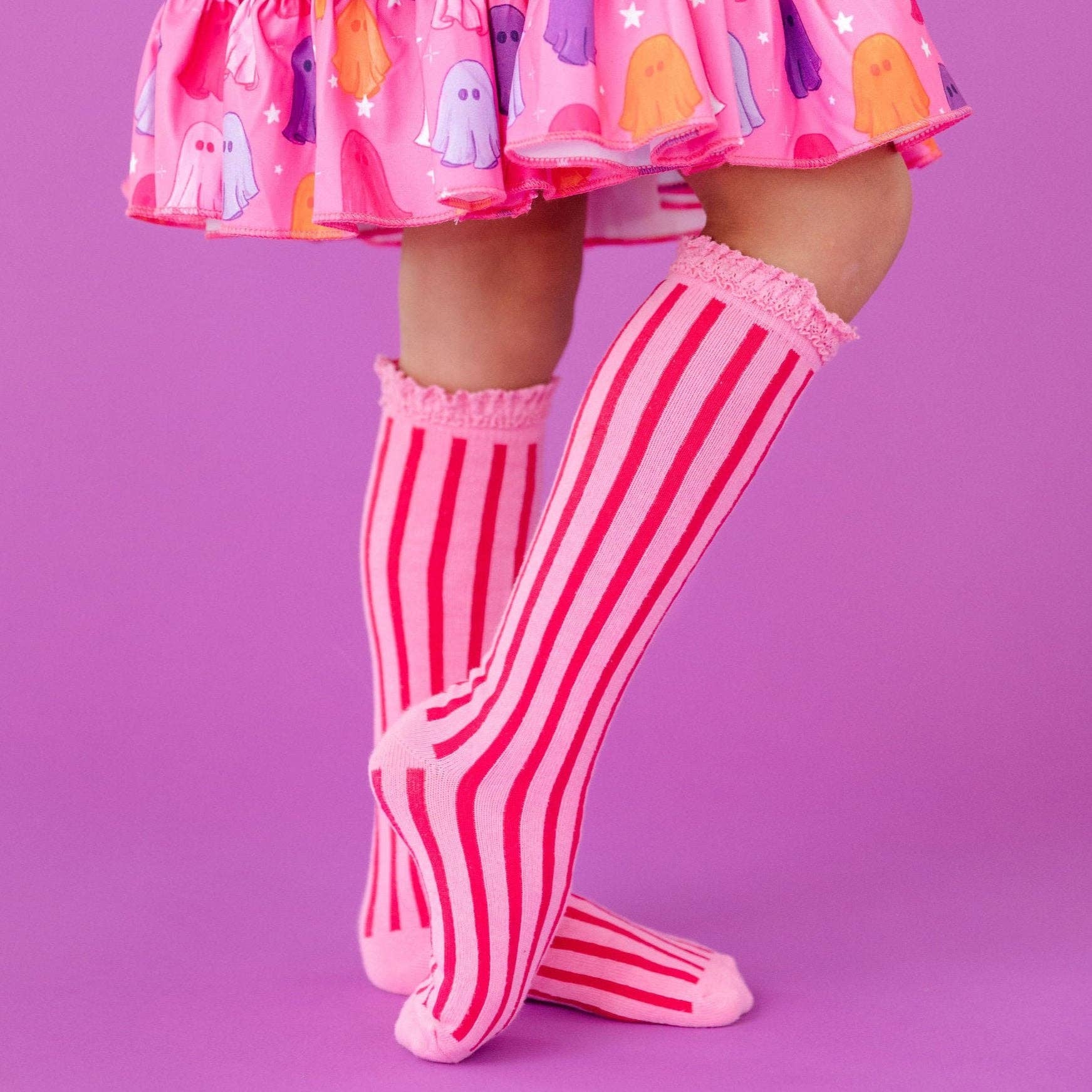 Little Stocking Co. - Vertical Striped Lace Top Knee High Socks || Taffy Pink
