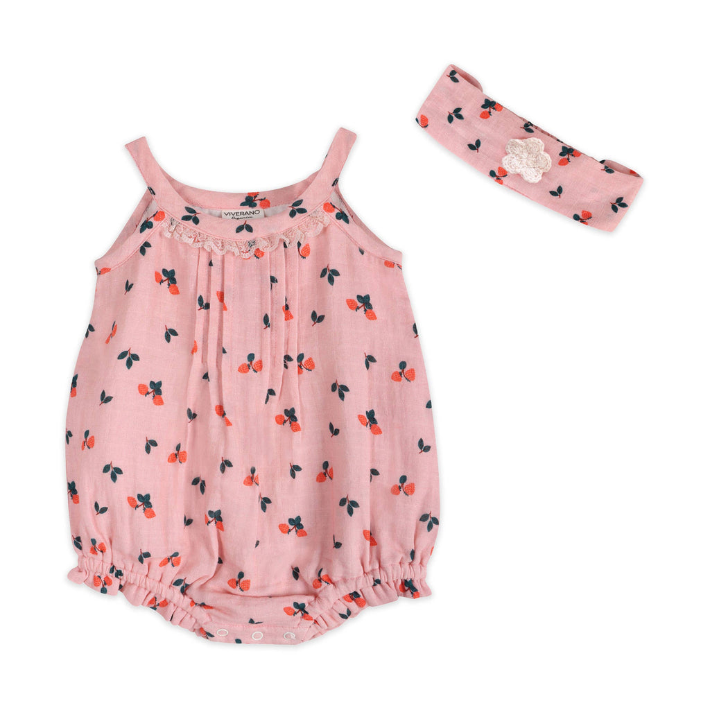 Viverano Organics - Strawberry Baby Romper + Headband || Pink