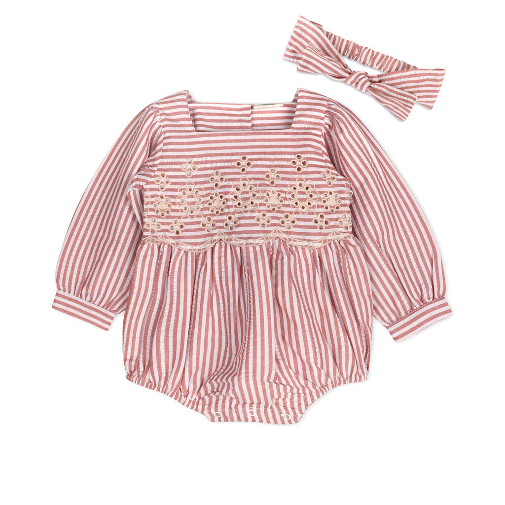 Viverano Organics - Siena Striped Embroidered Baby Romper & Headband || Vintage Berry Stripe