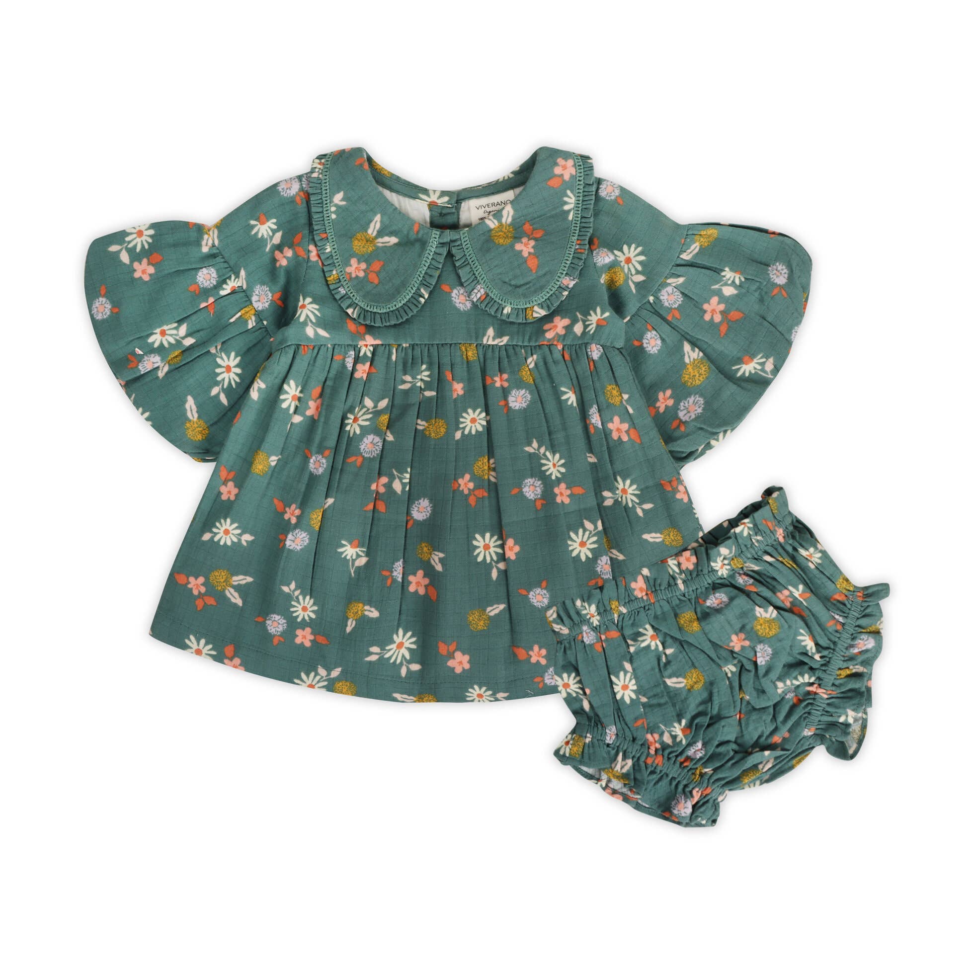 Viverano Organics - Tahiti Floral Baby Dress & Bloomer Set || Teal Floral