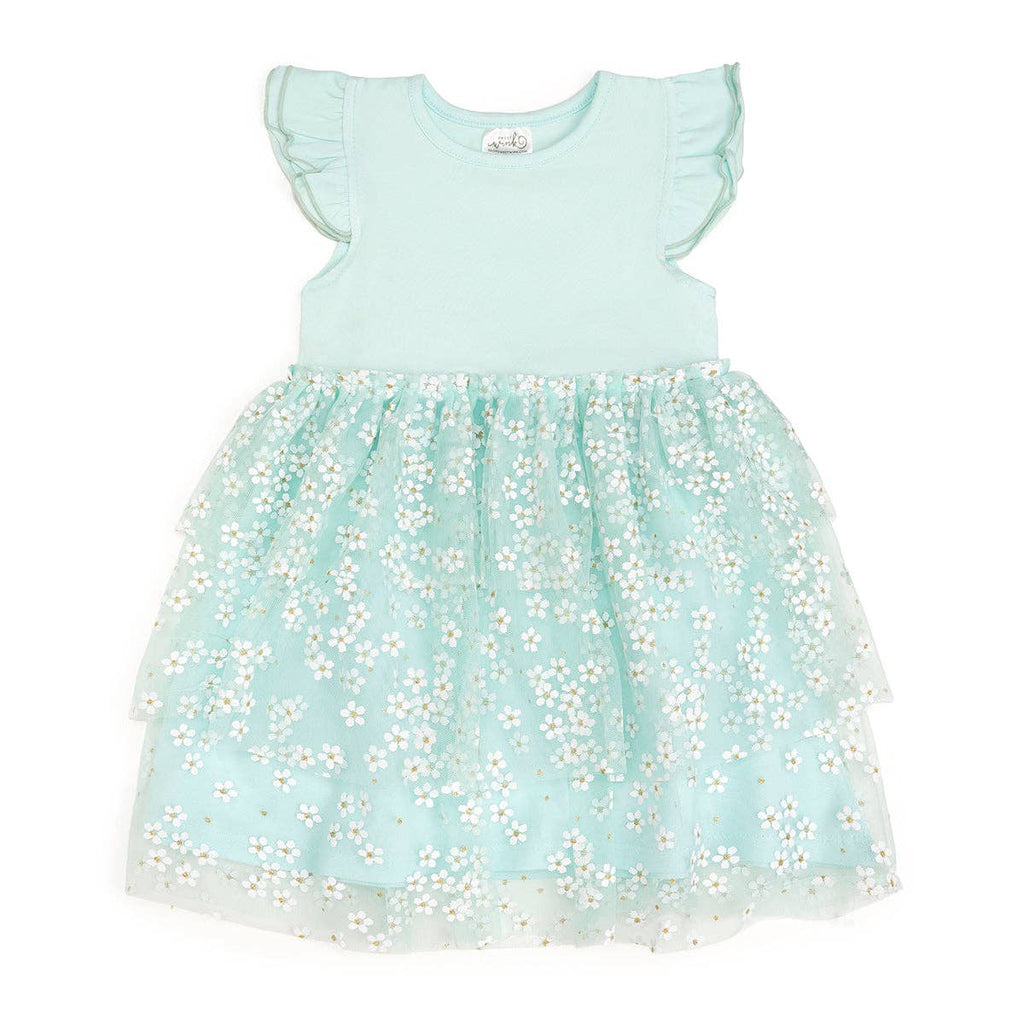 Sweet Wink - Aqua Ditsy Daisy Easter Tiered Short Sleeve Tutu Dress