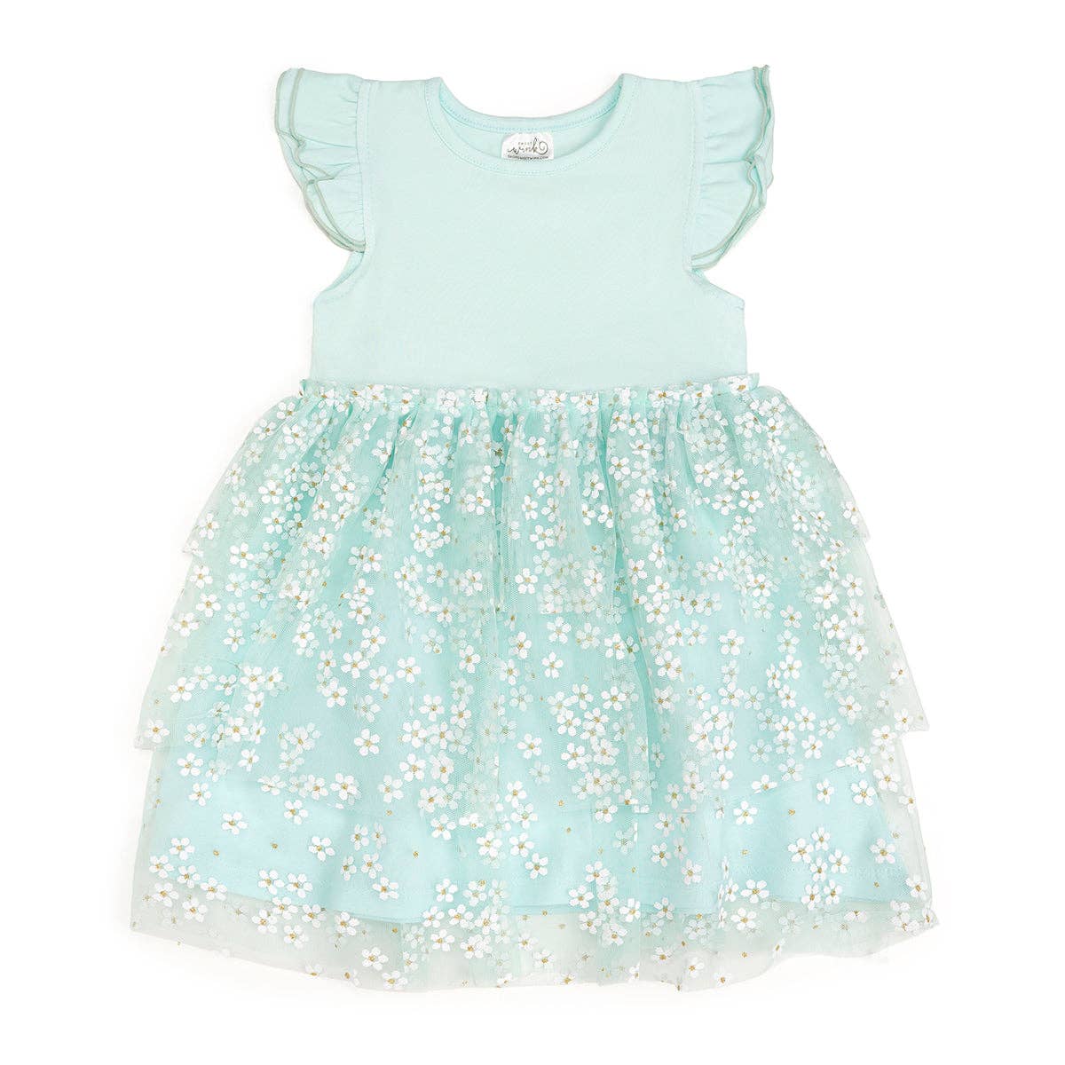 Sweet Wink - Aqua Ditsy Daisy Easter Tiered Short Sleeve Tutu Dress