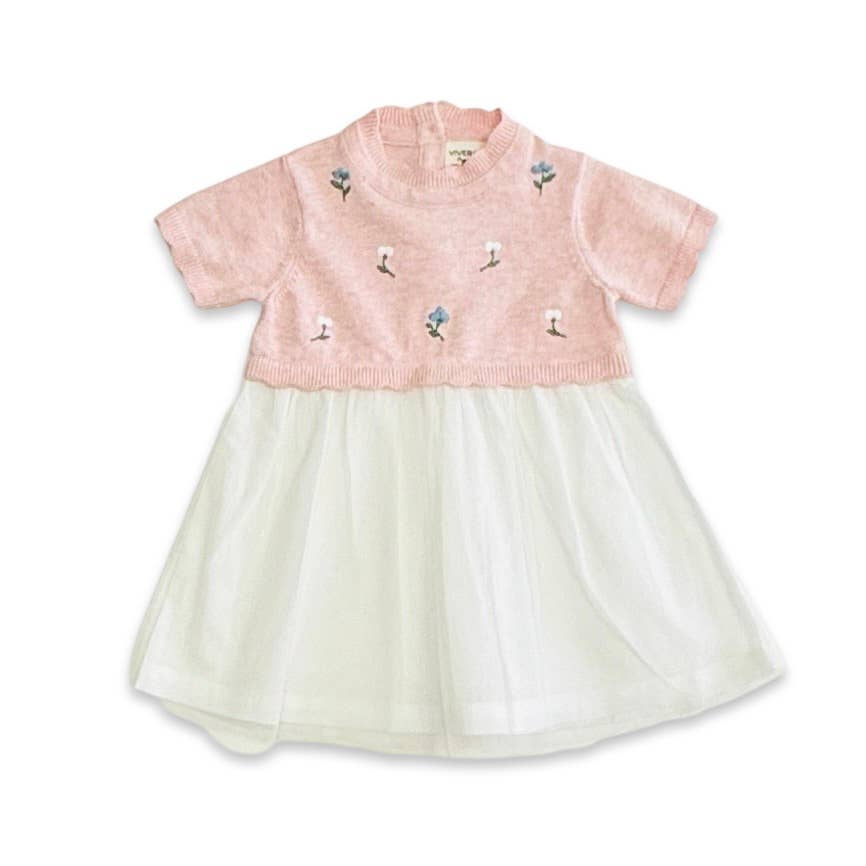 Viverano Organics - Floral Embroidered Short Sleeve Tutu Baby Knit Dress || Pink Heather