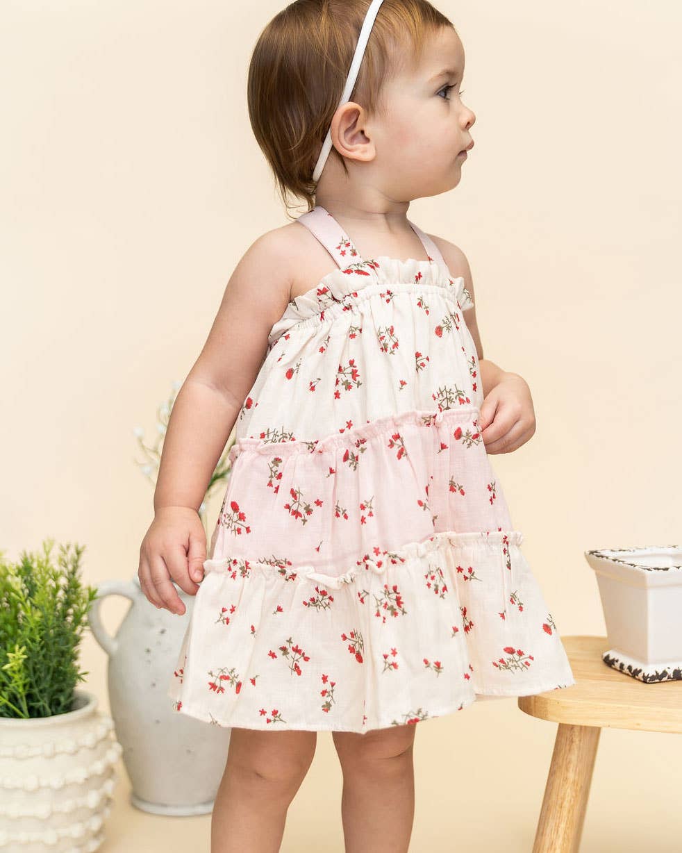 Viverano Organics - Bijou Tiered Floral Baby Dress + Bloomer || Tea Rose