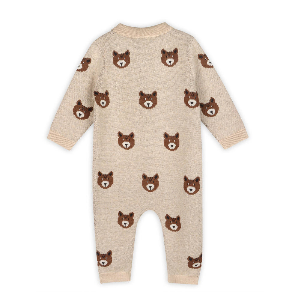 Viverano Organics - Brown Bear Jacquard Sweater Knit Baby Jumpsuit || Oatmeal Heather
