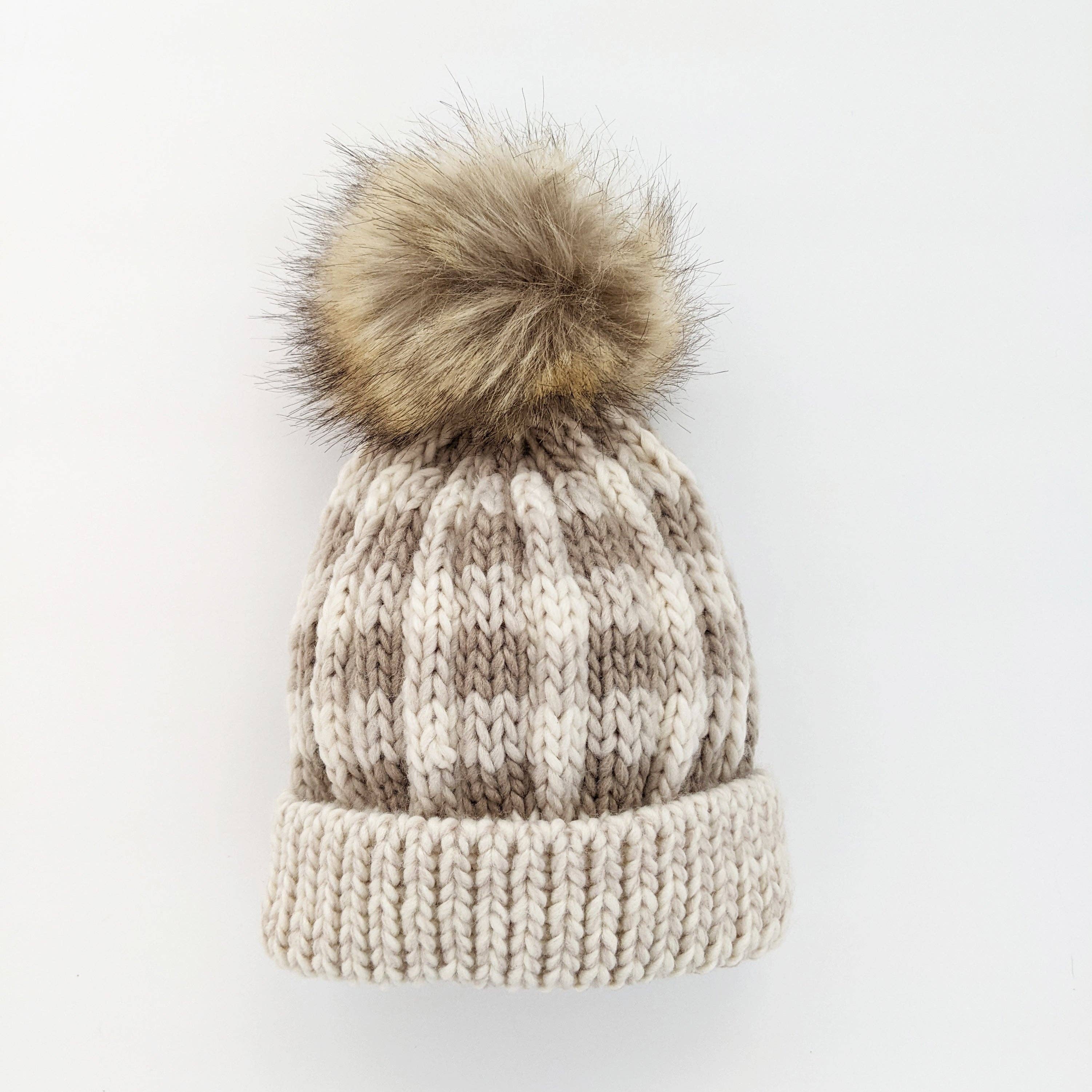 Huggalugs - Pebble Brown Buffalo Check Pom Pom Beanie Hat Baby & Kids