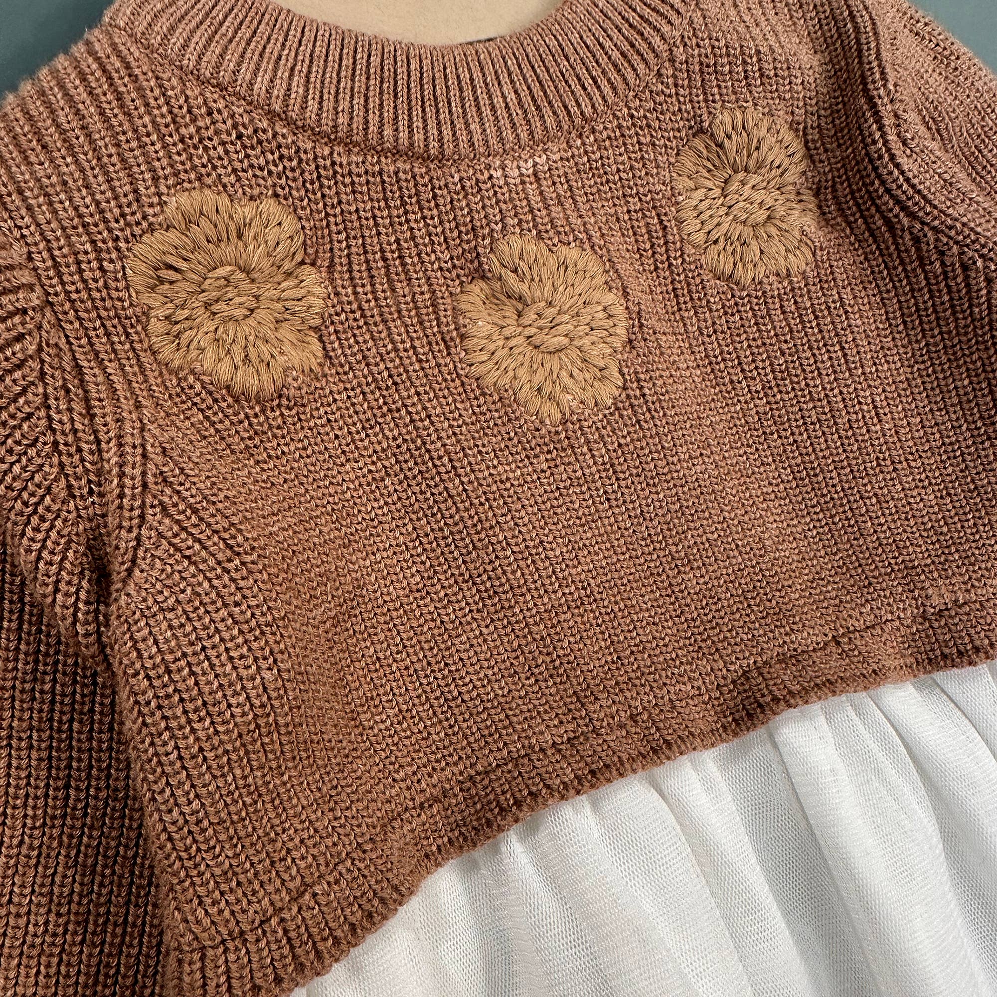 Viverano Organics - Floral Embroidered Sweater Knit Tutu Baby Dress || Natural