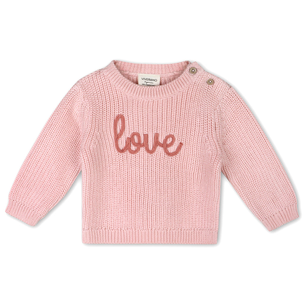 Viverano Organics - Love Embroidered Chunky Knit Baby Sweater || Blush Pink