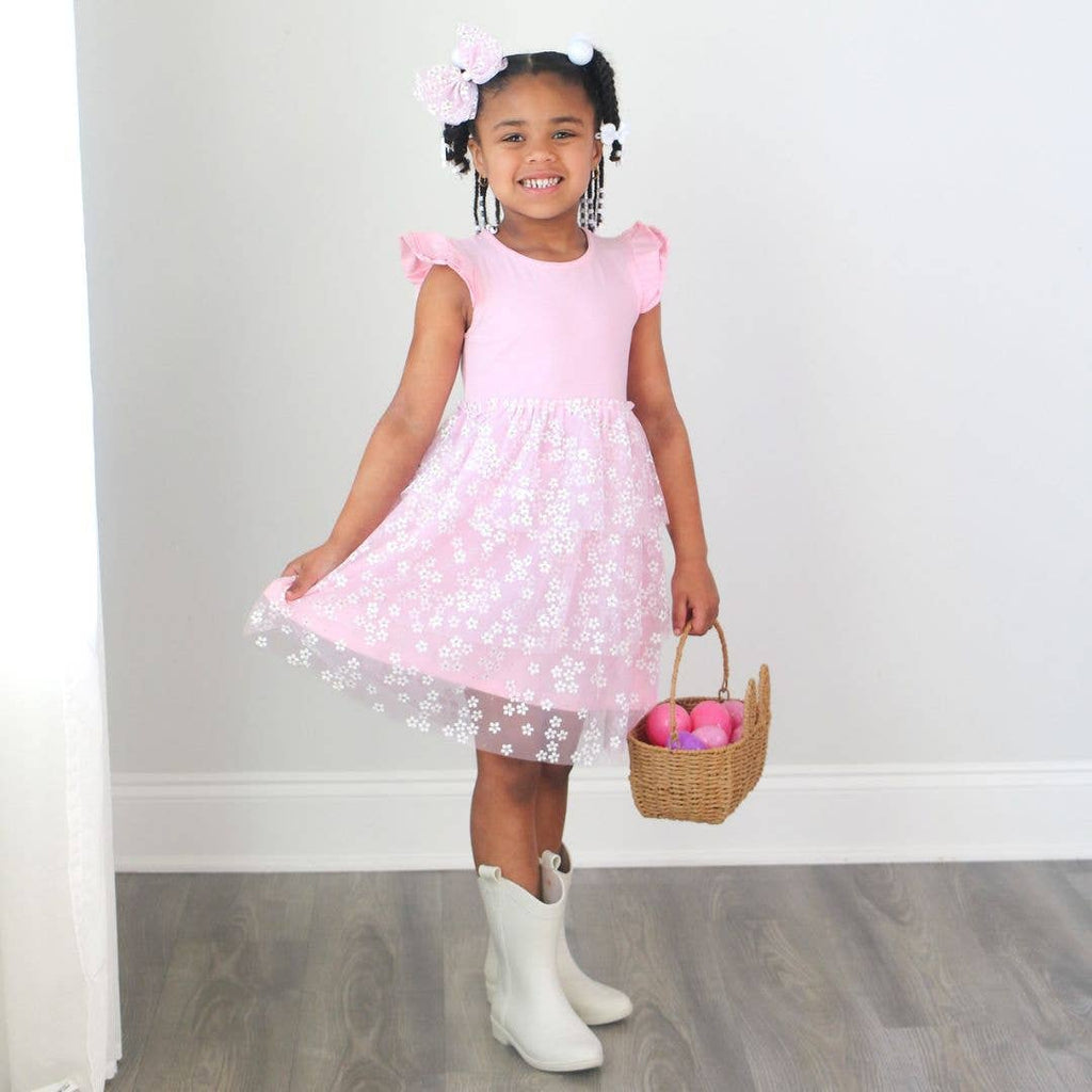Sweet Wink - Pink Ditsy Daisy Easter Tiered Short Sleeve Tutu Dress