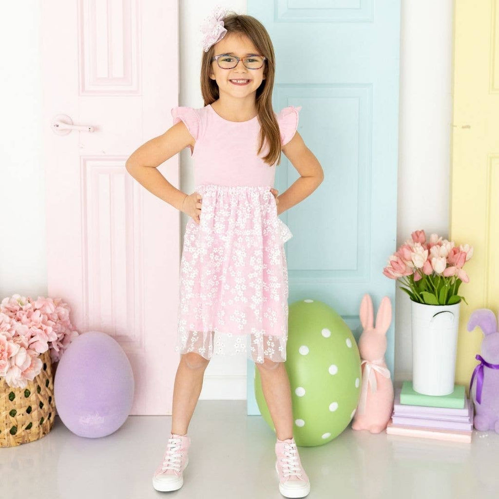 Sweet Wink - Pink Ditsy Daisy Easter Tiered Short Sleeve Tutu Dress