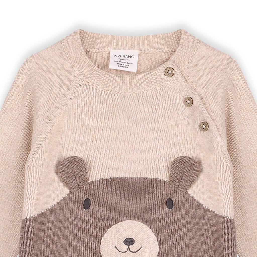 Viverano Organics - Cuddly Bear Embroidered Sweater Knit Baby Jumpsuit || Oatmeal Heather