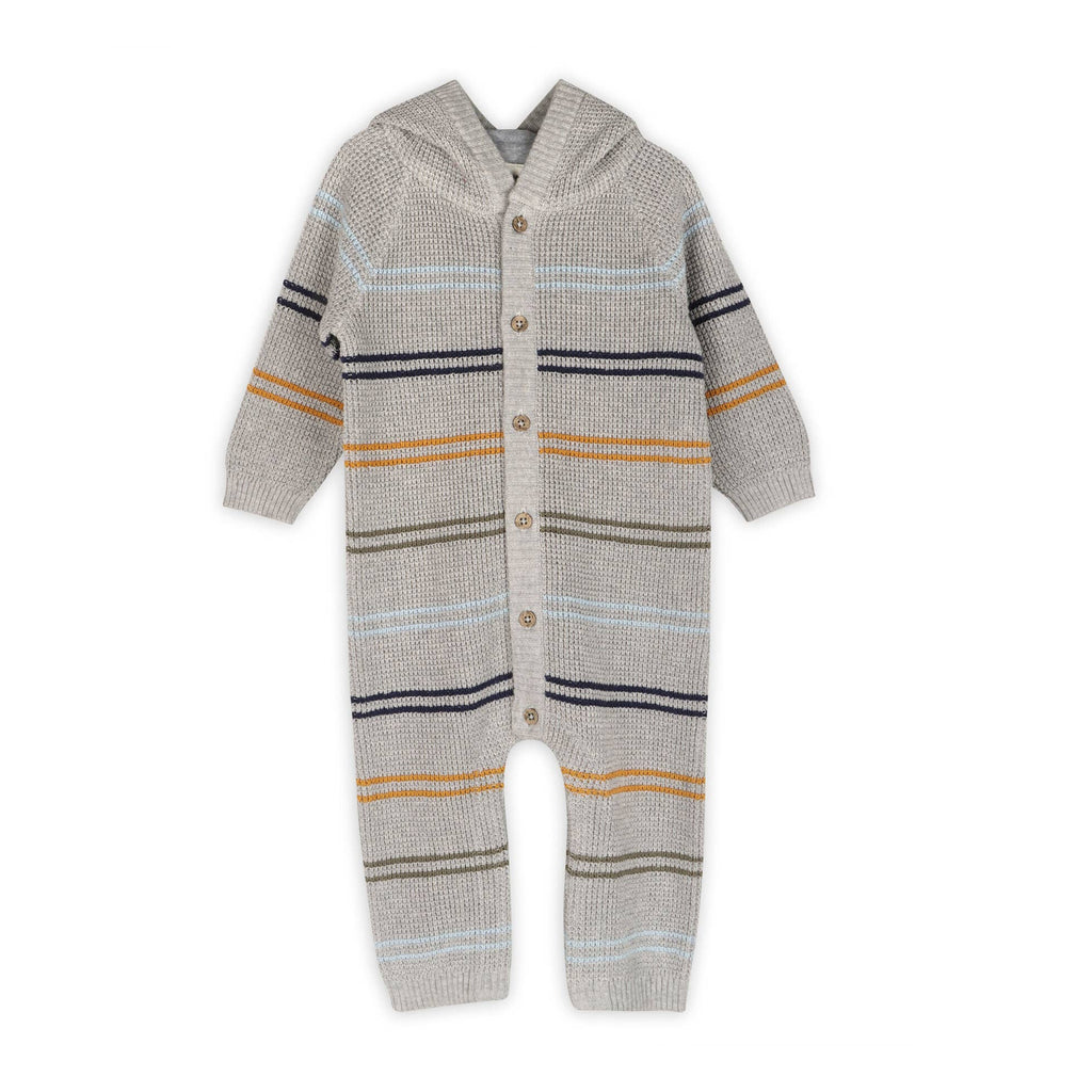 Viverano Organics - Classic Stripe Sweater Knit Baby Hooded Jumpsuit || Cocoa Heather