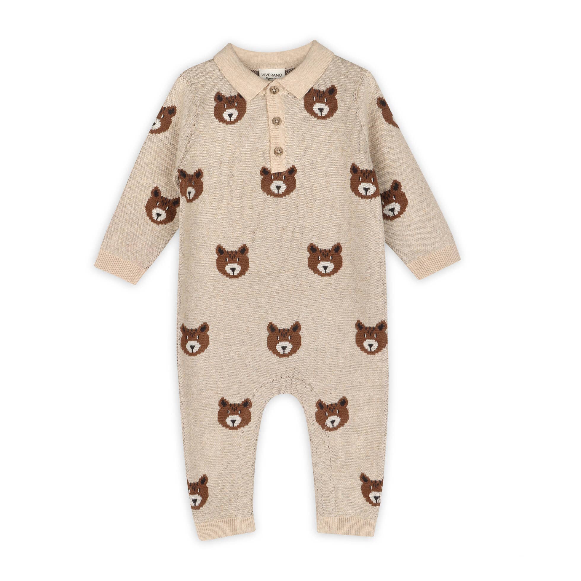 Viverano Organics - Brown Bear Jacquard Sweater Knit Baby Jumpsuit || Oatmeal Heather