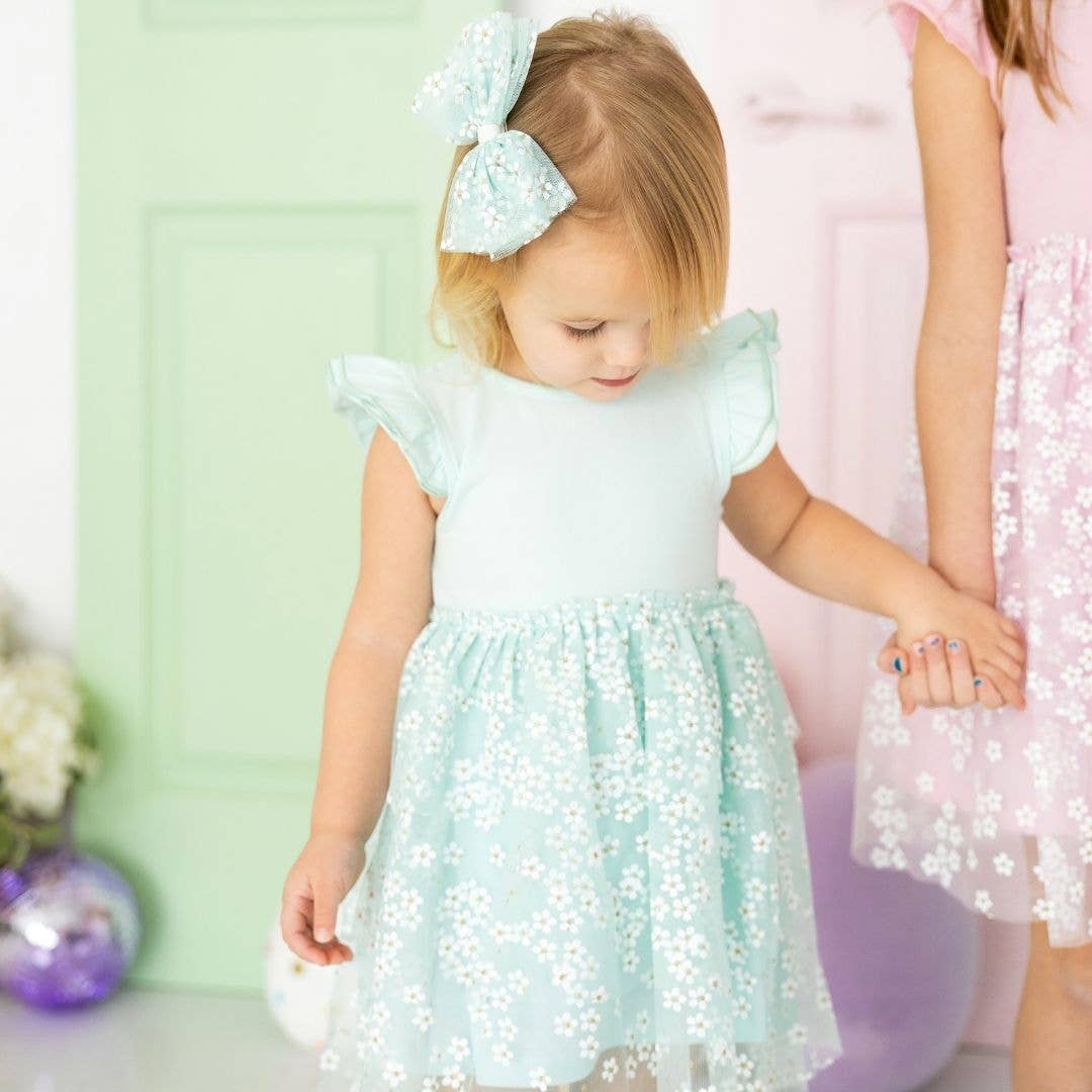 Sweet Wink - Aqua Ditsy Daisy Easter Tiered Short Sleeve Tutu Dress
